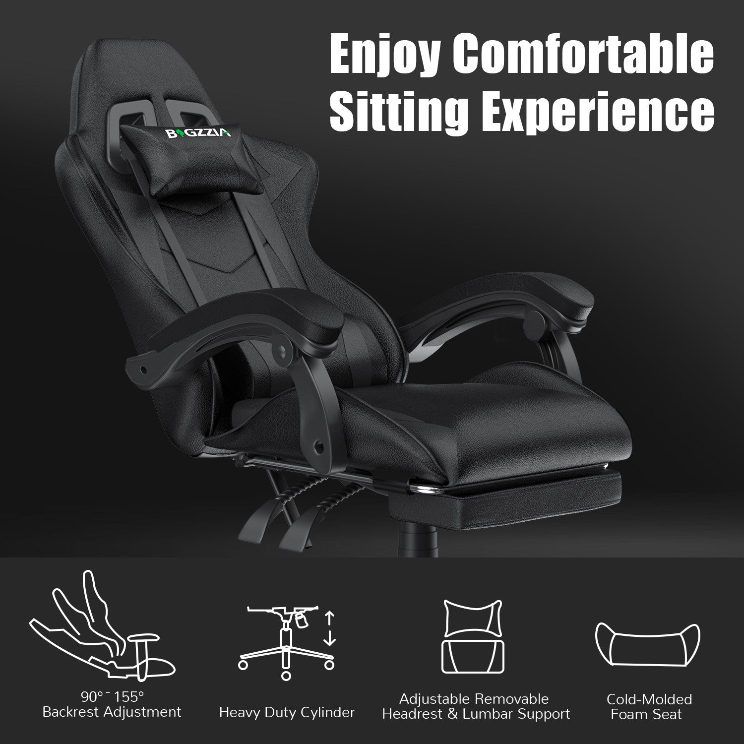 Ergonomic Gaming Chair 155° Reclining Swivel Chair with Headrest, Lumbar Support PU Leather Office Chair