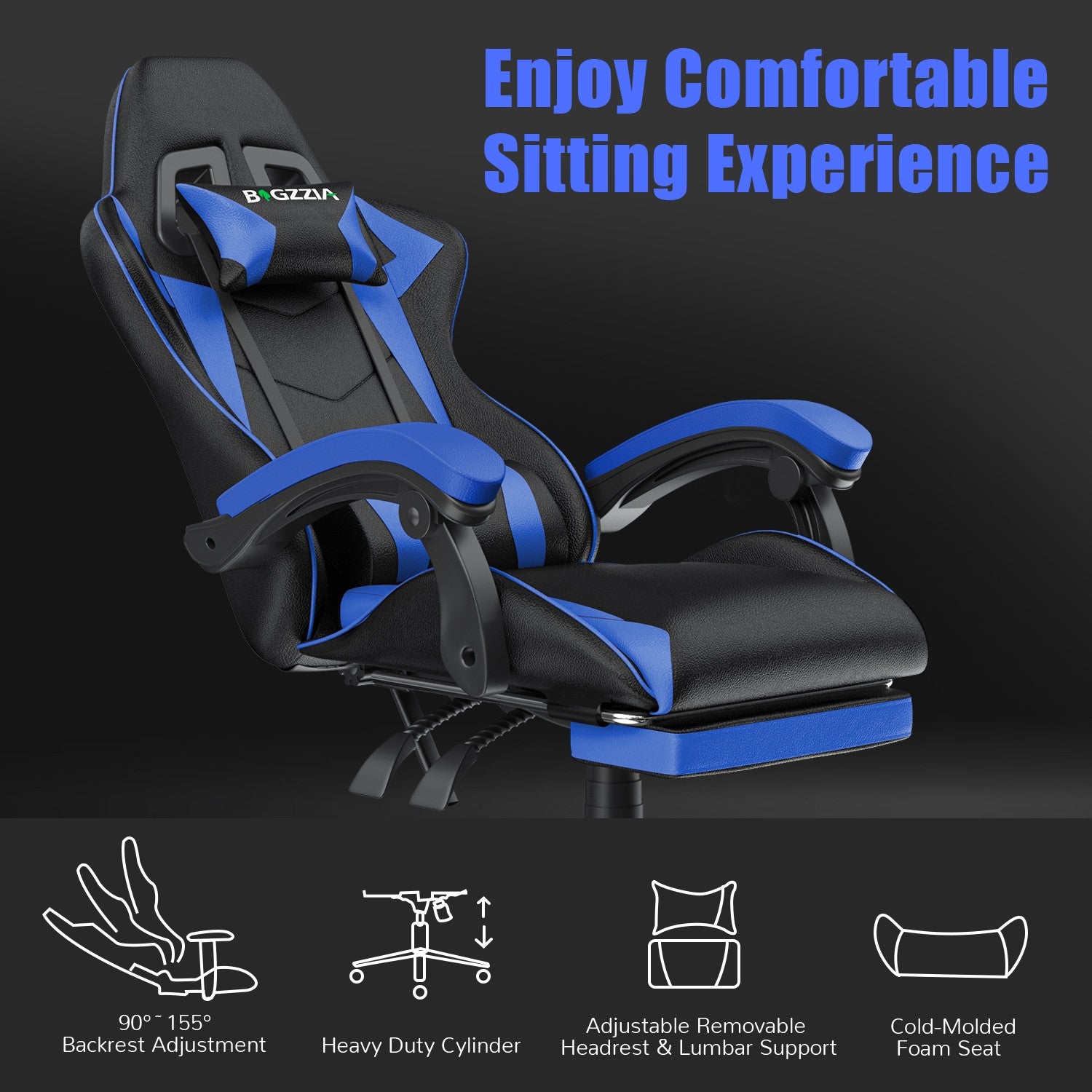 Ergonomic Gaming Chair 155° Reclining Swivel Chair with Headrest, Lumbar Support PU Leather Office Chair