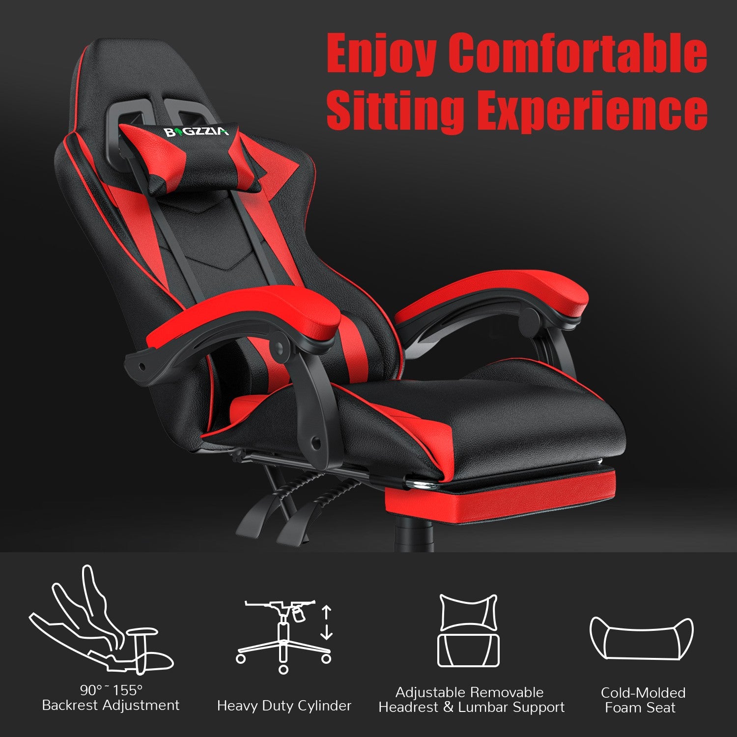 Ergonomic Gaming Chair 155° Reclining Swivel Chair with Headrest, Lumbar Support PU Leather Office Chair