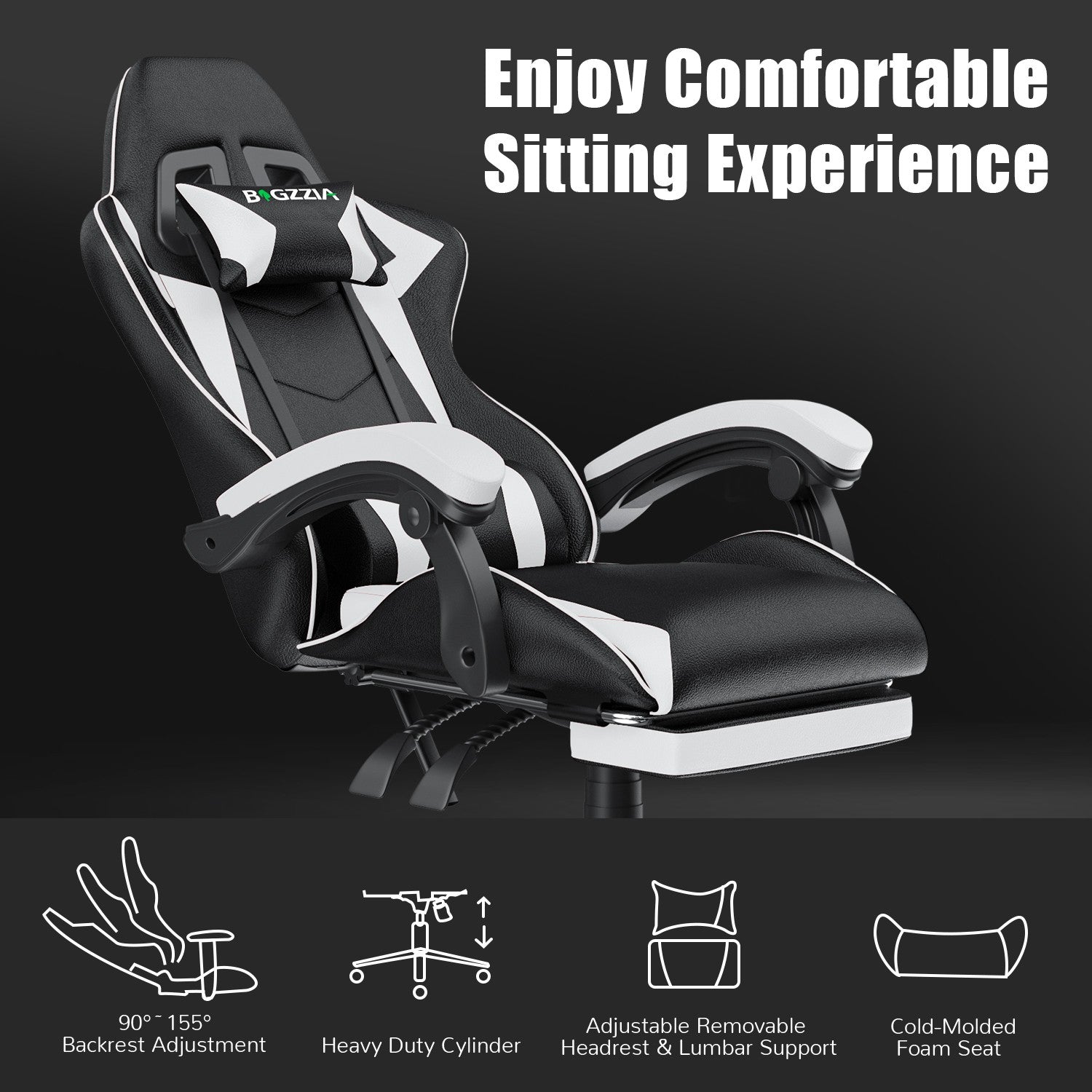Ergonomic Gaming Chair 155° Reclining Swivel Chair with Headrest, Lumbar Support PU Leather Office Chair