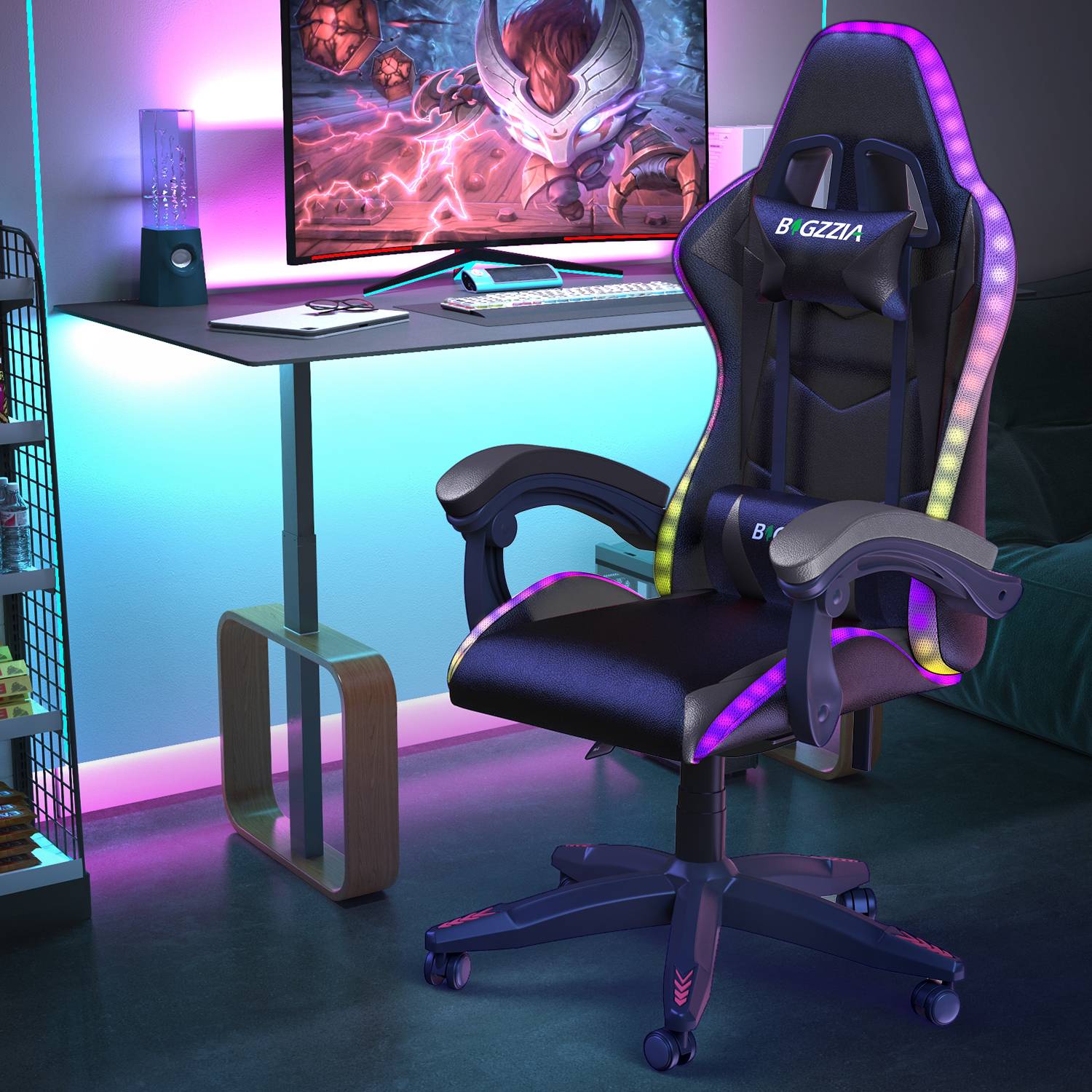 Ergonomic Gaming Chair 155° Reclining Swivel Chair with Headrest, Lumbar Support PU Leather Office Chair