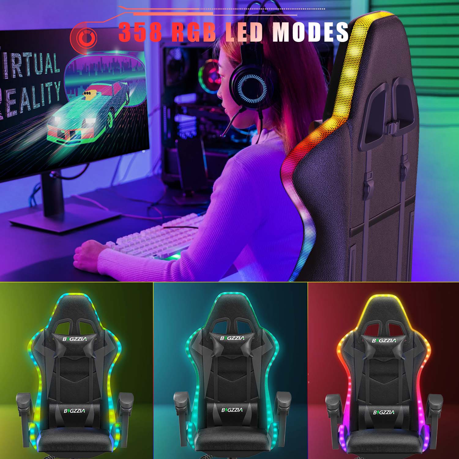 Ergonomic Gaming Chair 155° Reclining Swivel Chair with Headrest, Lumbar Support PU Leather Office Chair