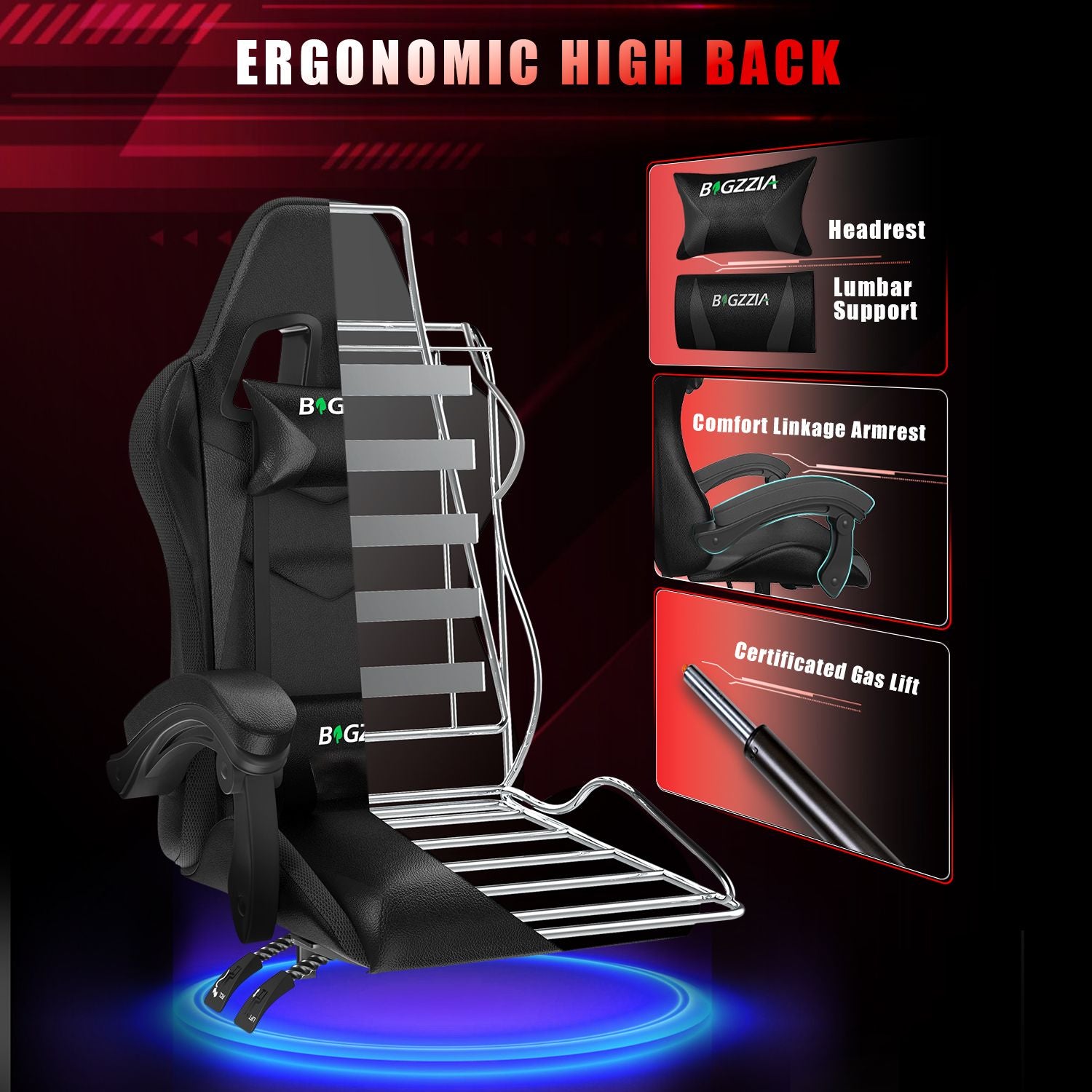 Ergonomic Gaming Chair 155° Reclining Swivel Chair with Headrest, Lumbar Support PU Leather Office Chair