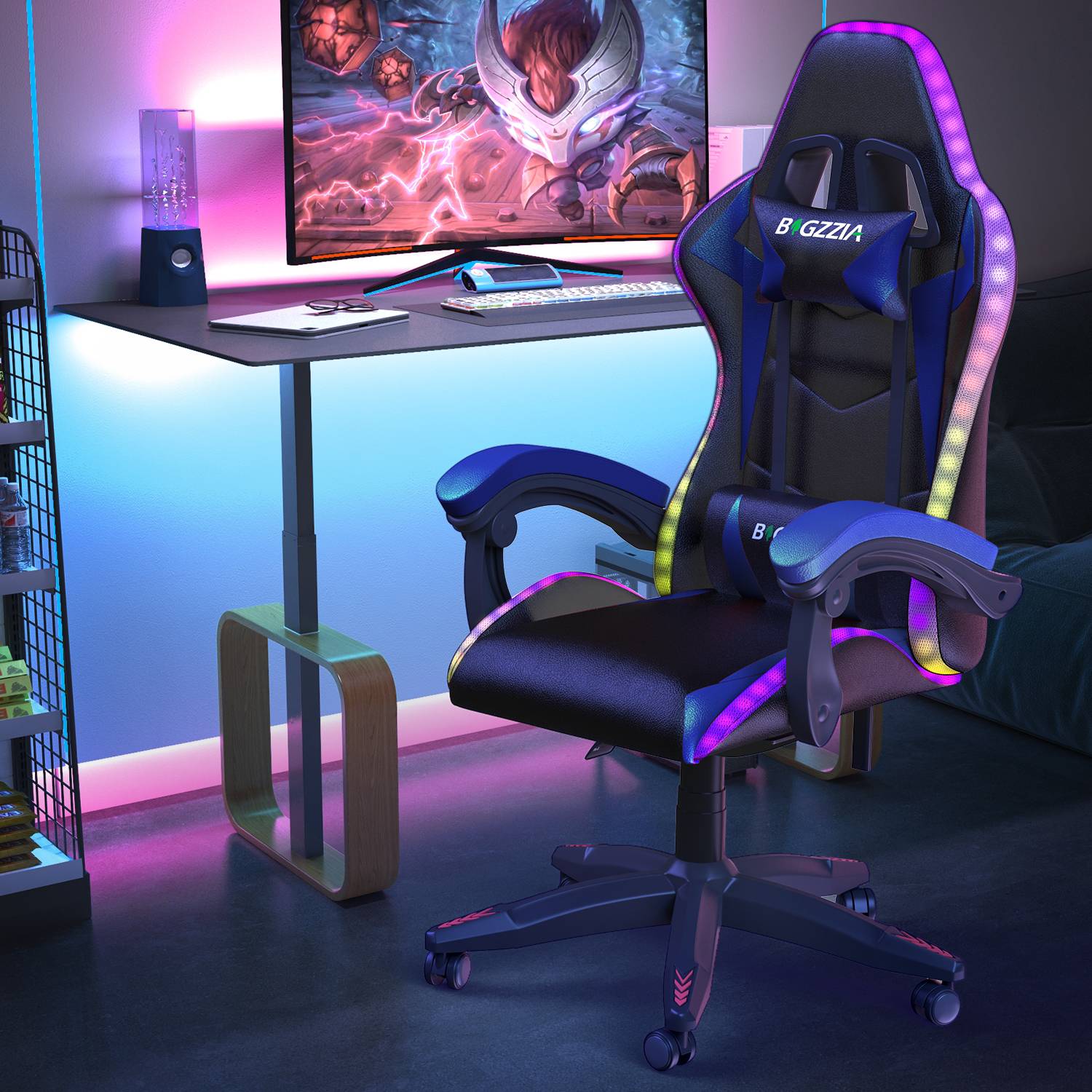 Ergonomic Gaming Chair with RGB LED Lights, Reclining, Headrest and Lumbar Support Racing Style