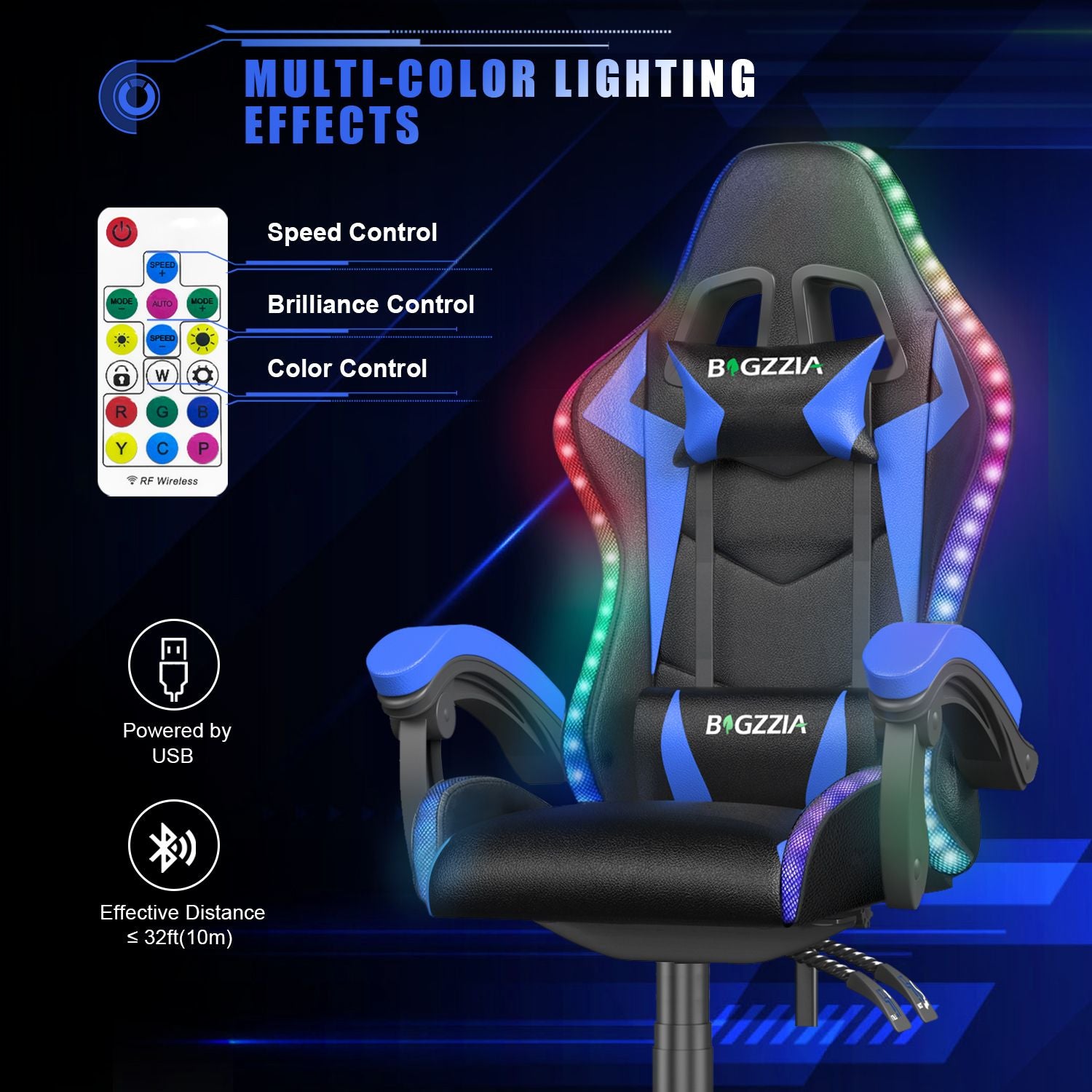 Ergonomic Gaming Chair with RGB LED Lights, Reclining, Headrest and Lumbar Support Racing Style