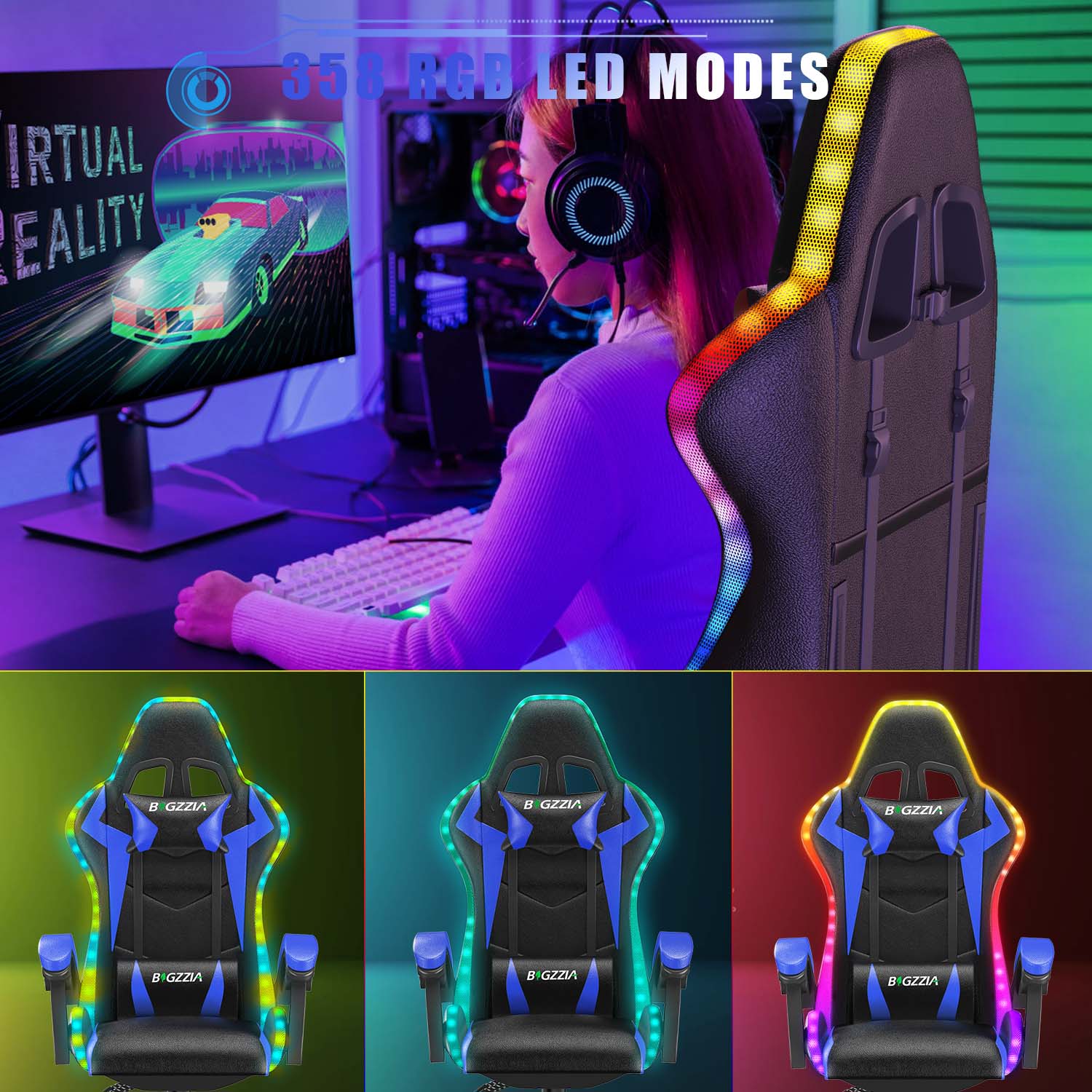 Ergonomic Gaming Chair with RGB LED Lights, Reclining, Headrest and Lumbar Support Racing Style