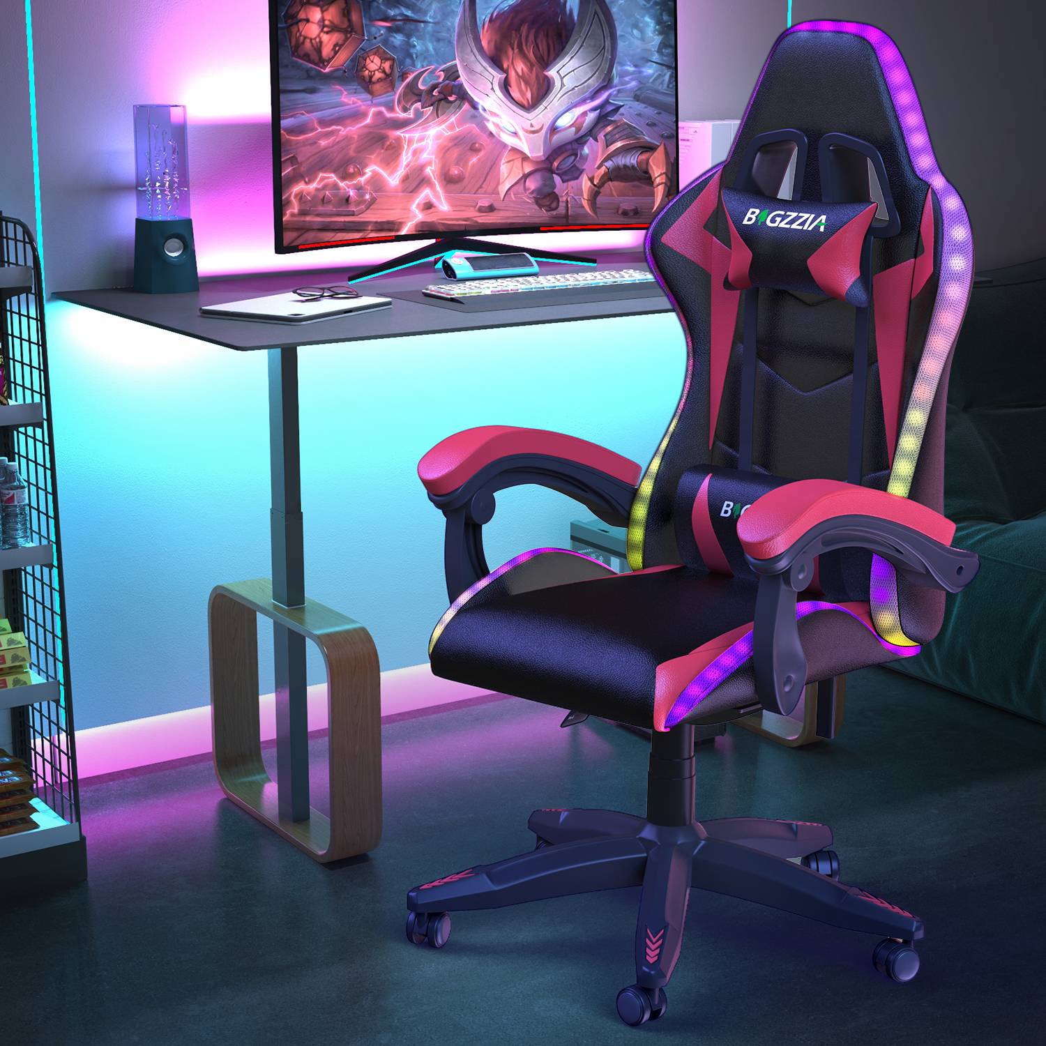 Ergonomic Gaming Chair with RGB LED Lights, Reclining, Headrest and Lumbar Support Racing Style