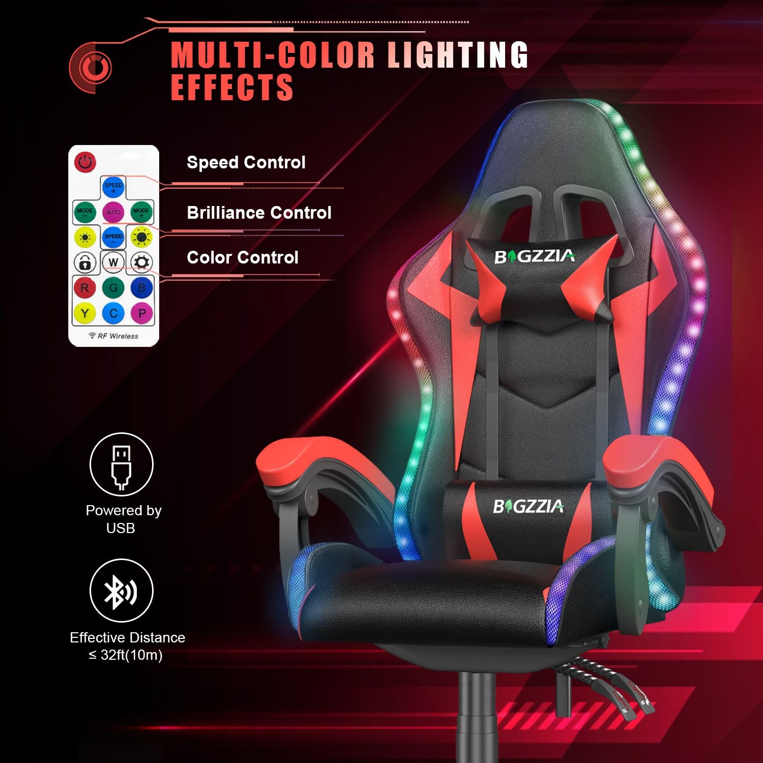Ergonomic Gaming Chair with RGB LED Lights, Reclining, Headrest and Lumbar Support Racing Style