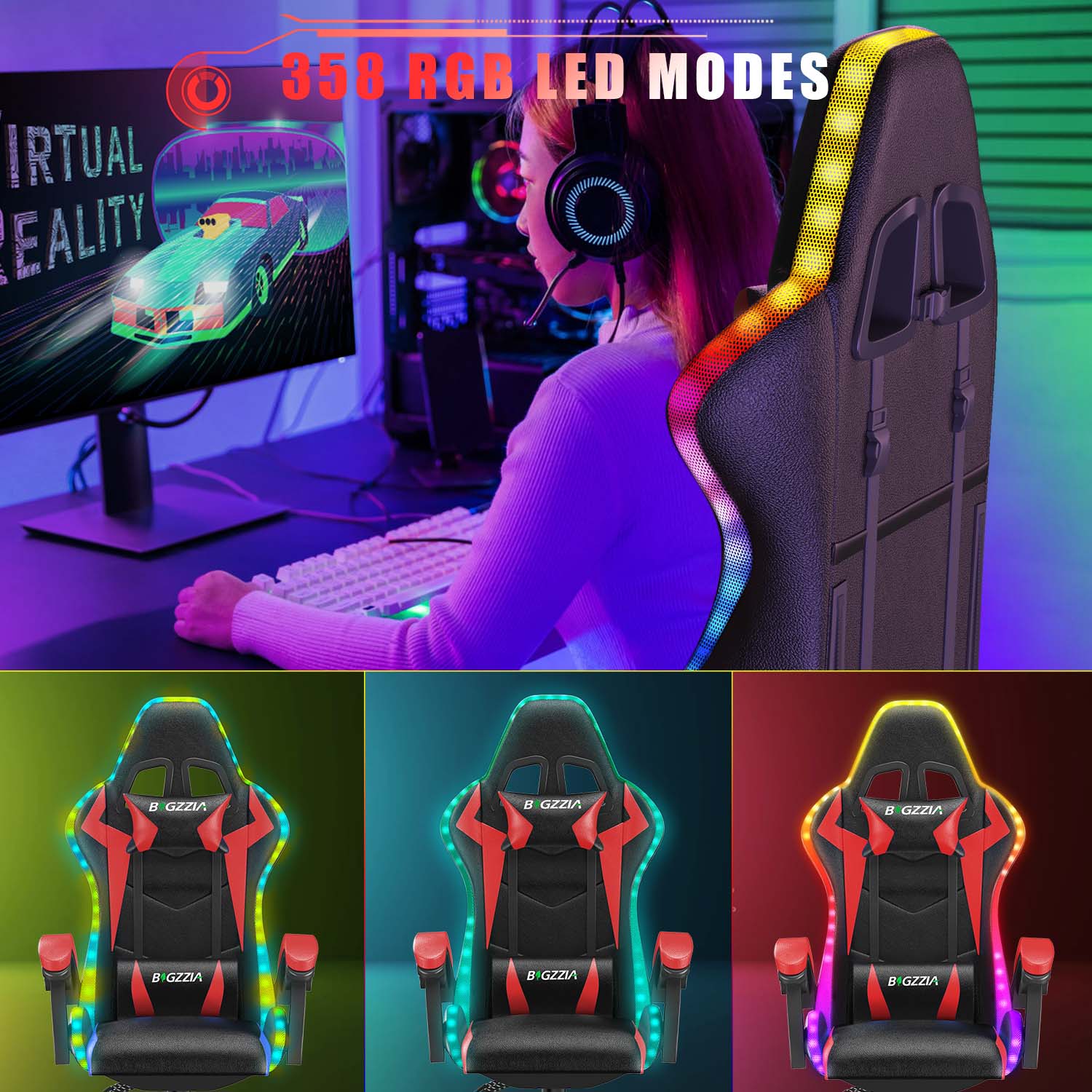 Ergonomic Gaming Chair with RGB LED Lights, Reclining, Headrest and Lumbar Support Racing Style