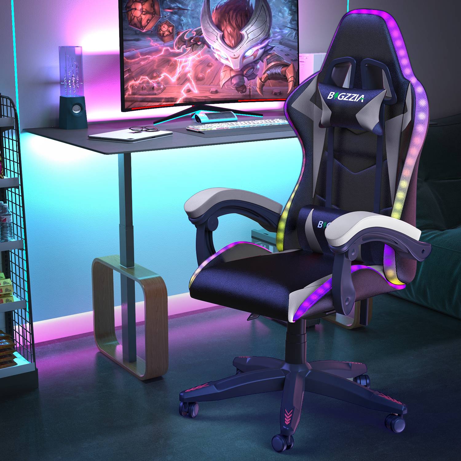 Ergonomic Gaming Chair with RGB LED Lights, Reclining, Headrest and Lumbar Support Racing Style