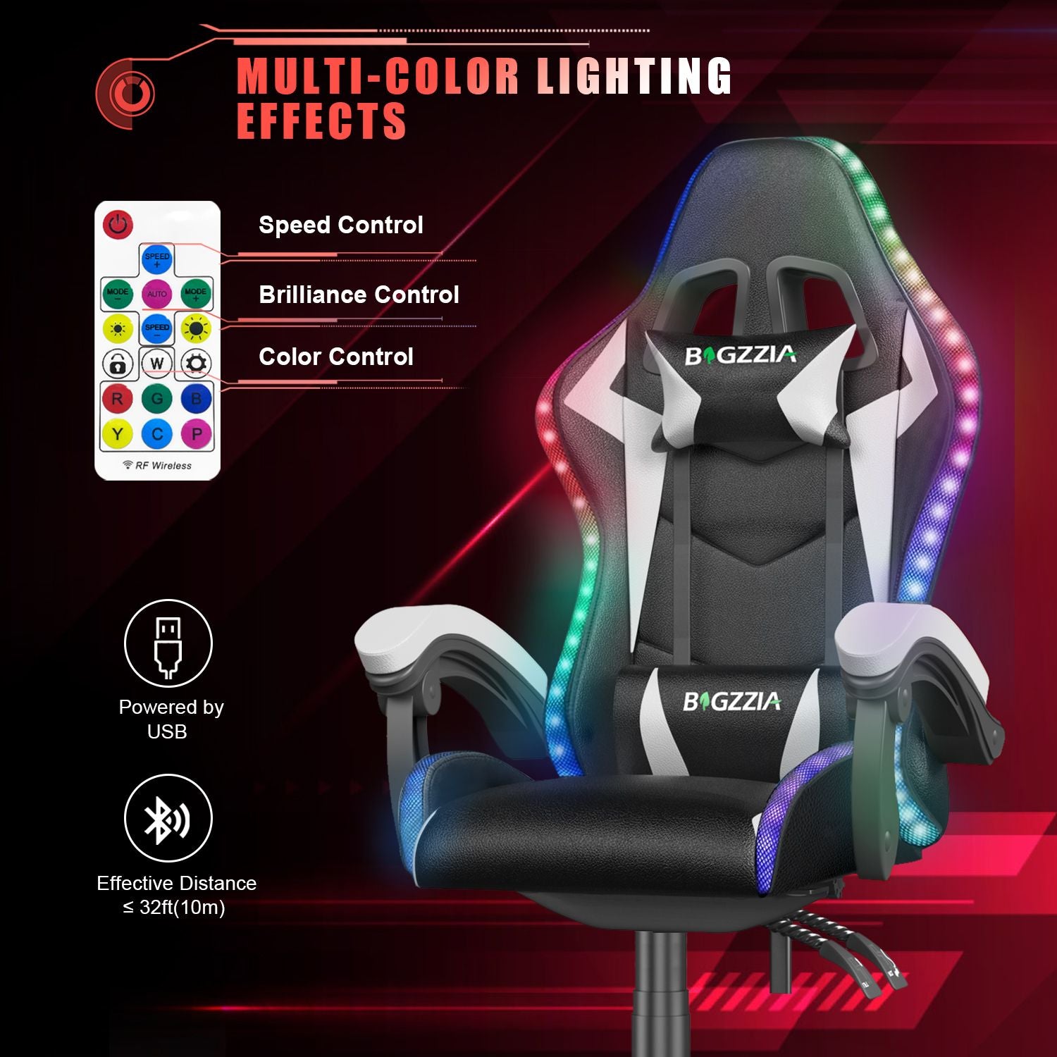 Ergonomic Gaming Chair with RGB LED Lights, Reclining, Headrest and Lumbar Support Racing Style