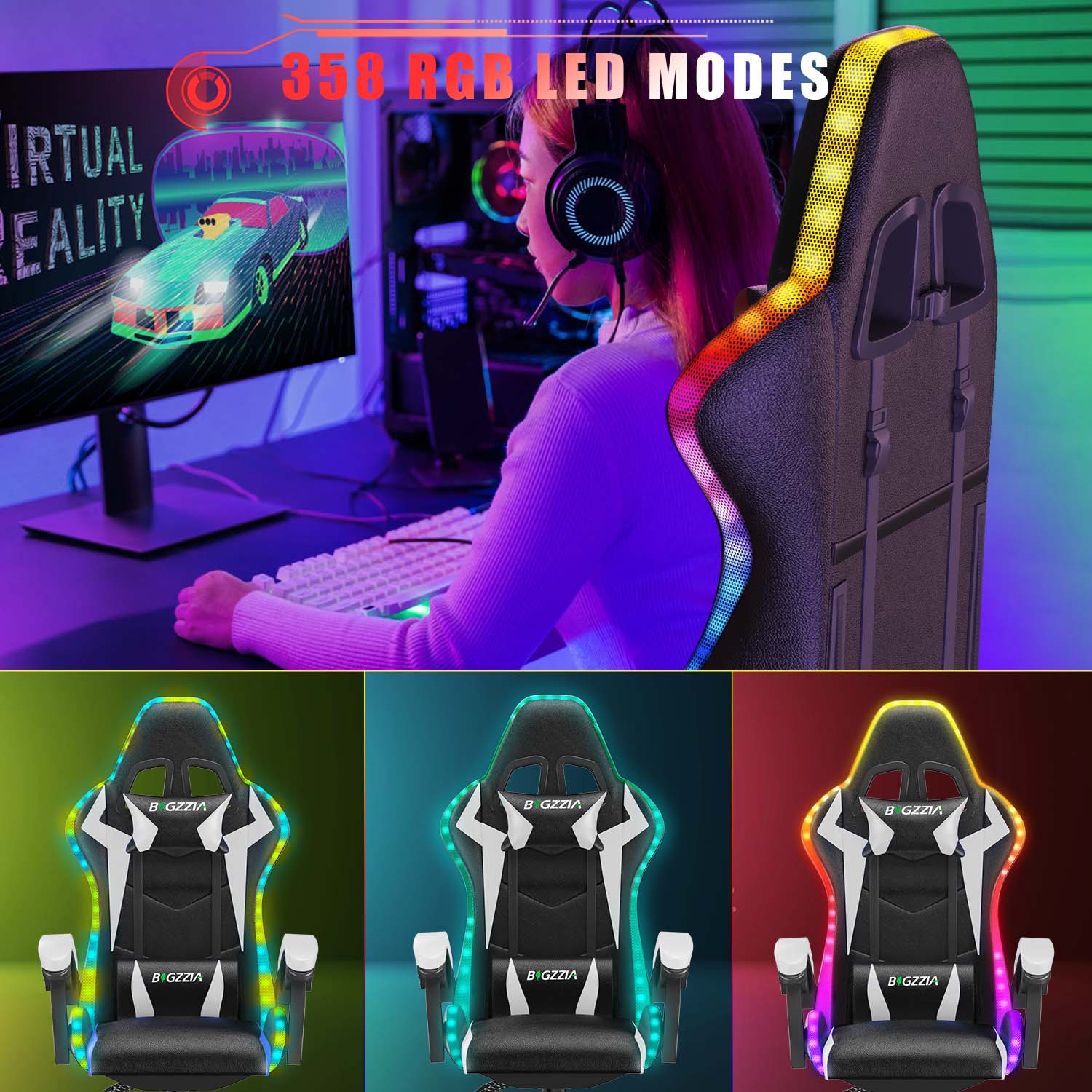 Ergonomic Gaming Chair with RGB LED Lights, Reclining, Headrest and Lumbar Support Racing Style