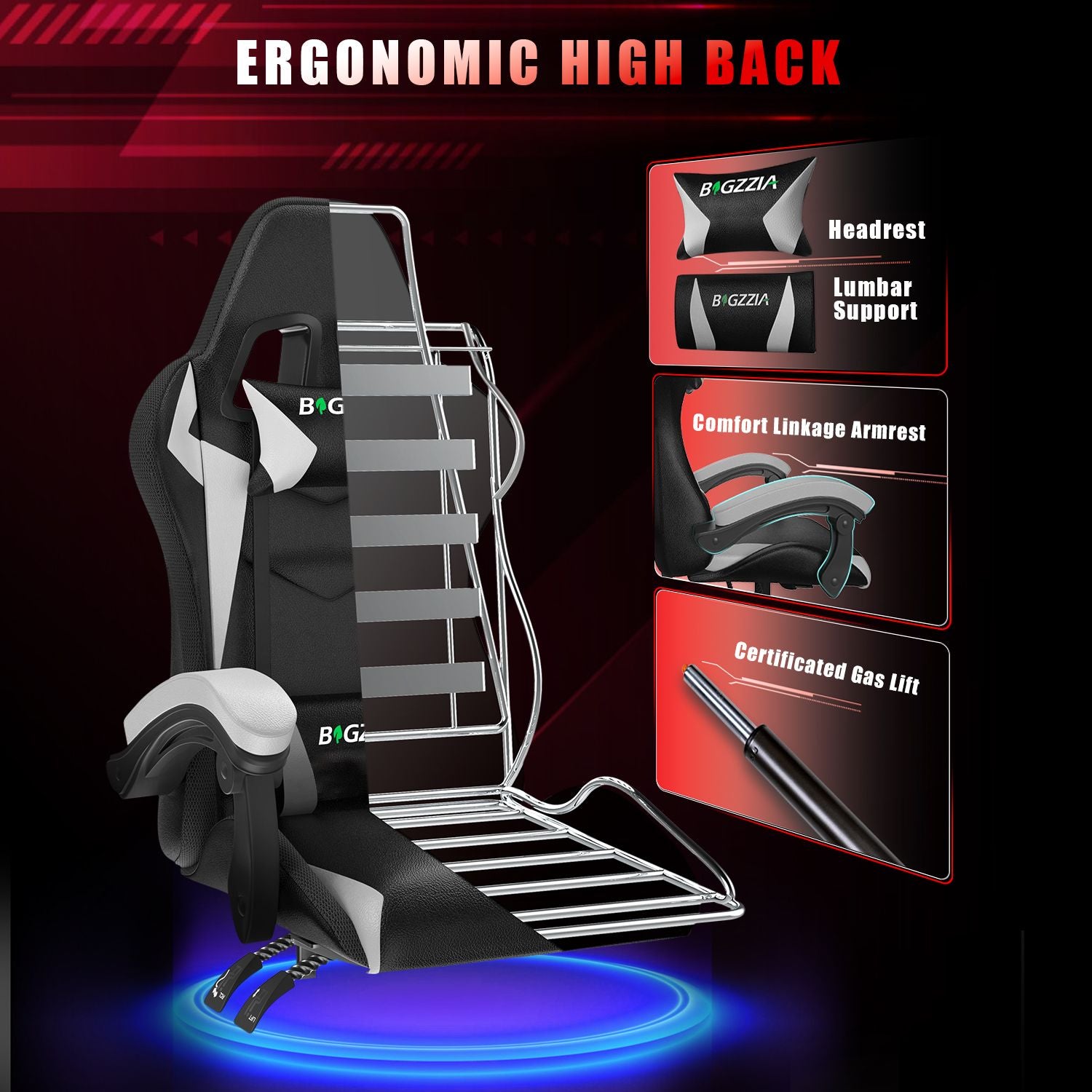 Ergonomic Gaming Chair with RGB LED Lights, Reclining, Headrest and Lumbar Support Racing Style