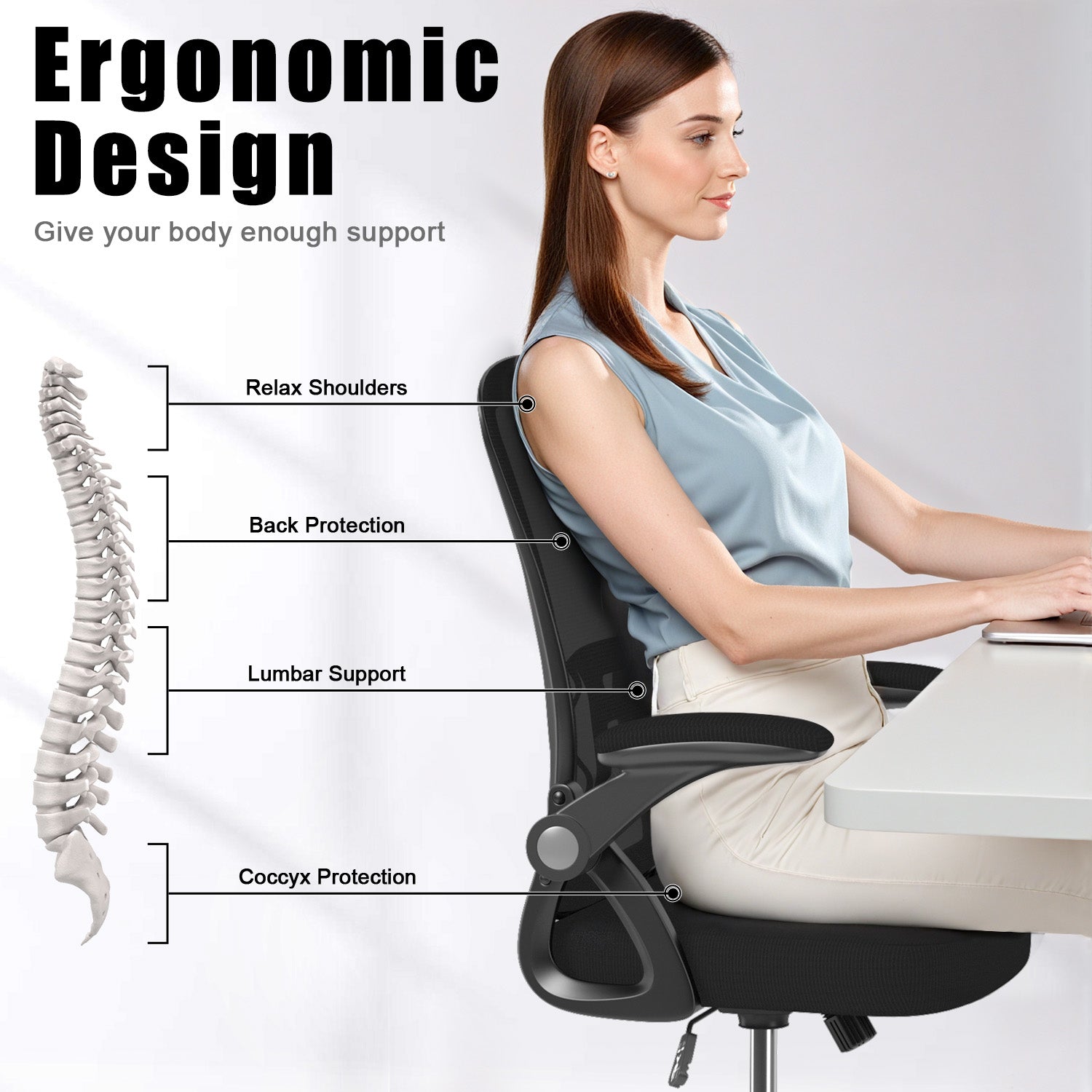 Office Chair Ergonomic Desk Chair with 90° Flip-up Armrest, Height Adjustable Office Desk Chair