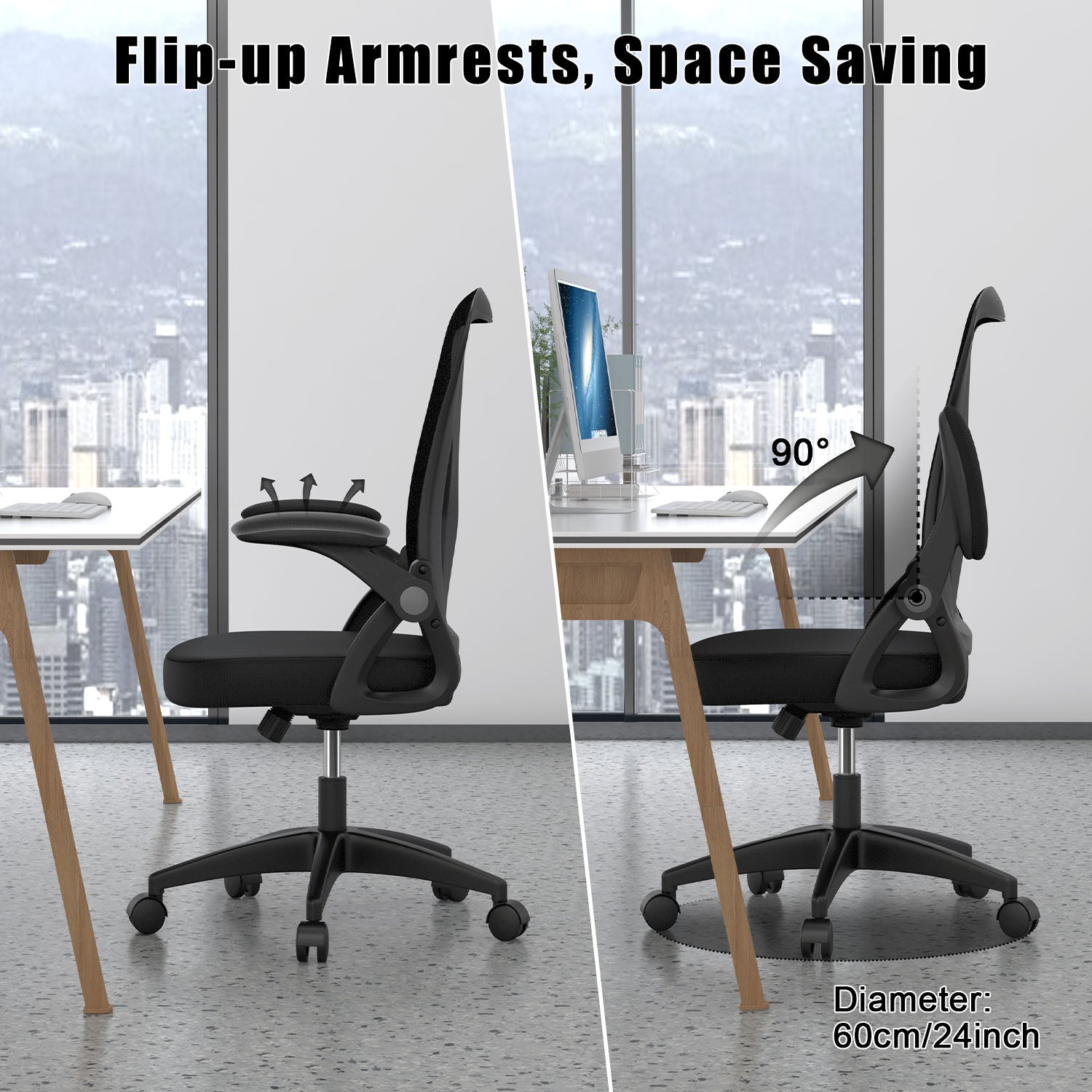 Office Chair Ergonomic Desk Chair with 90° Flip-up Armrest, Height Adjustable Office Desk Chair