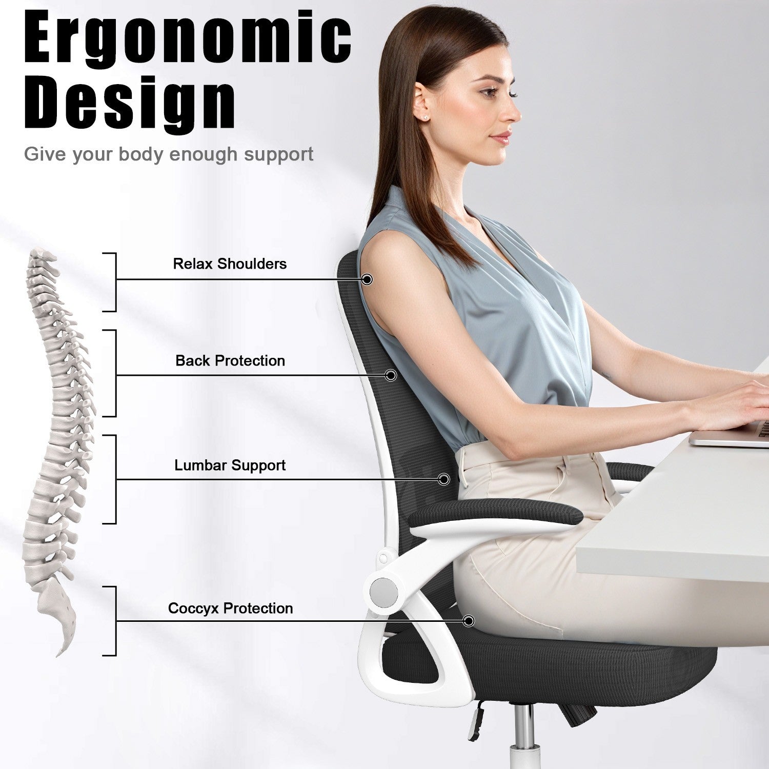 Office Chair Ergonomic Desk Chair with 90° Flip-up Armrest, Height Adjustable Office Desk Chair