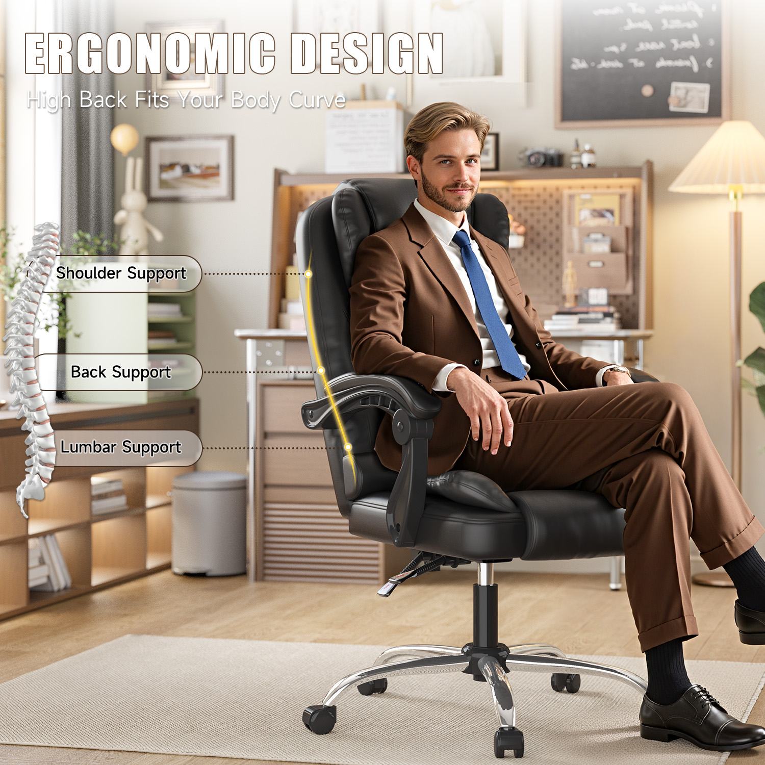 Ergonomic Executive Office Chair PU Leather High Back Computer Desk Chair with Reclining Tilt Function for Home Office Working