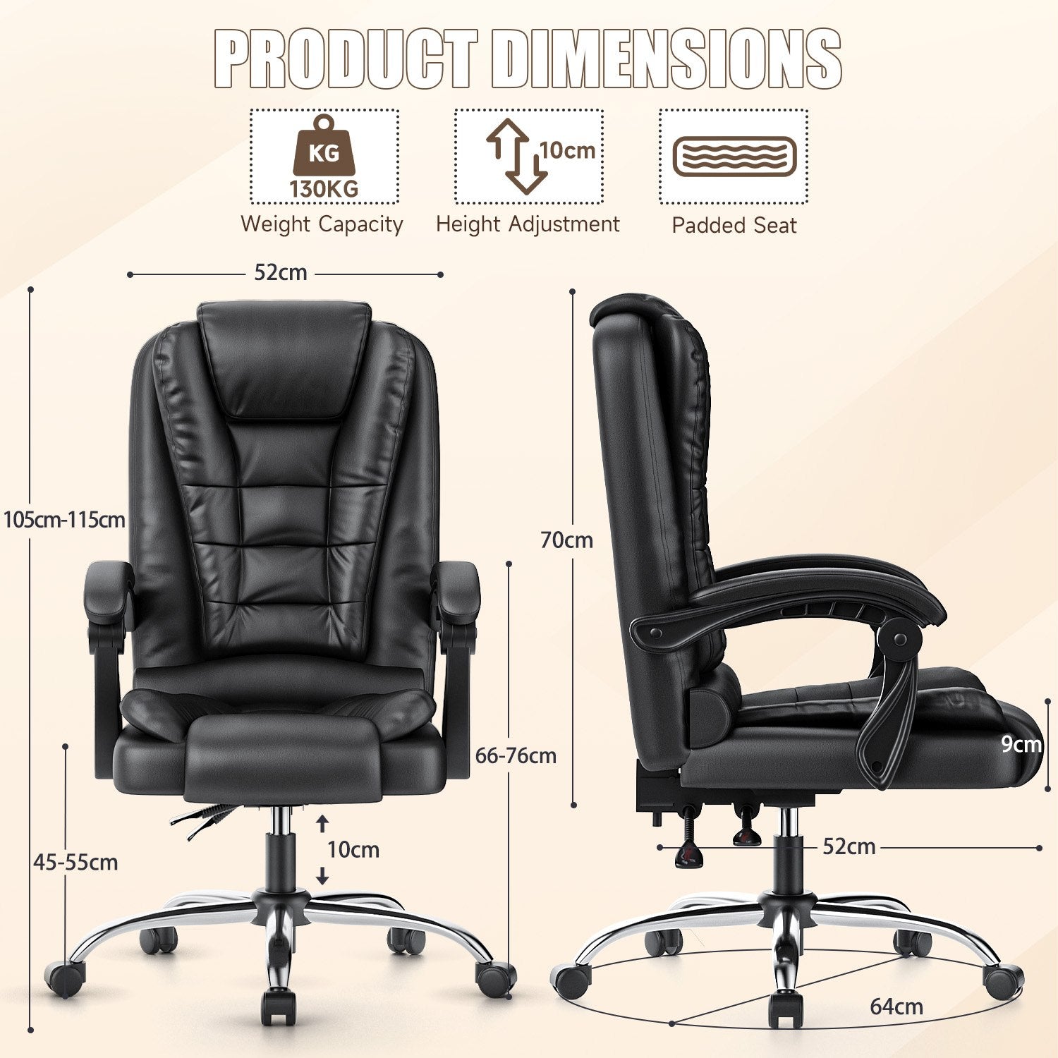 Ergonomic Executive Office Chair PU Leather High Back Computer Desk Chair with Reclining Tilt Function for Home Office Working
