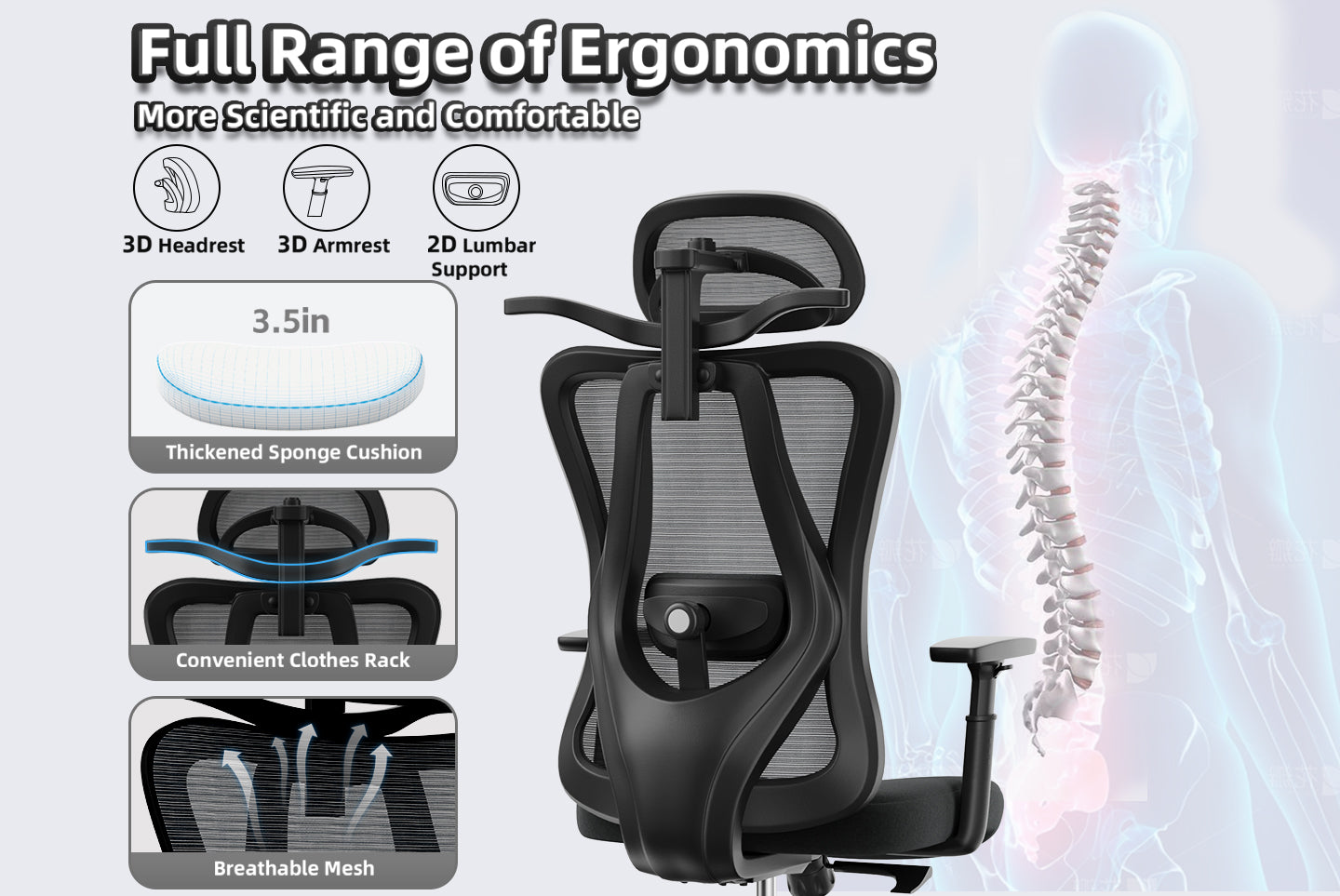Ergonomic Mesh Office Chair High Back Home Office Desk Chair with Adjustable Headrest, Armrests, Lumbar Support