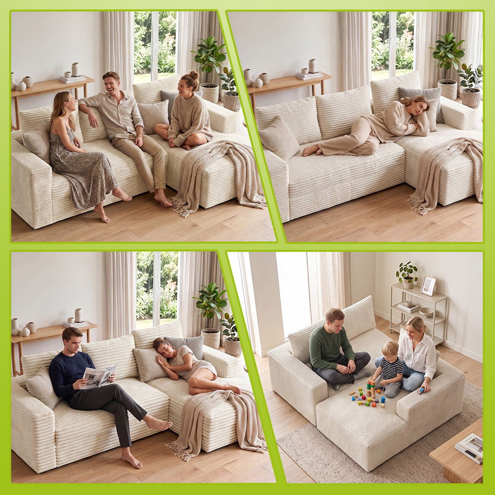 L-Shaped Boneless Modular Sofa Corduroy Sectional Couch with Chaise, No Assembly Required