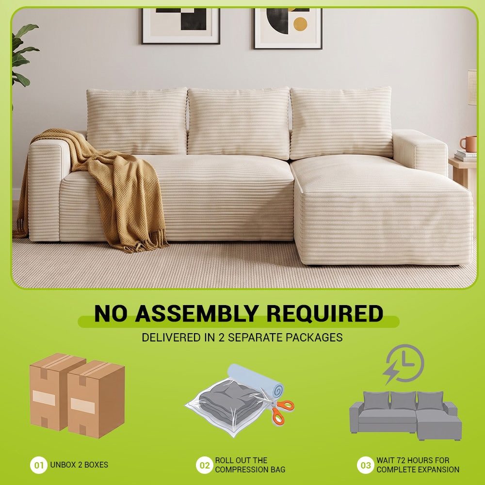 L-Shaped Boneless Modular Sofa Corduroy Sectional Couch with Chaise, No Assembly Required