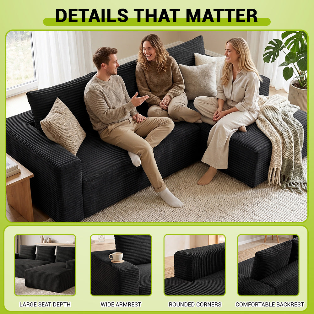 L-Shaped Boneless Modular Sofa Corduroy Sectional Couch with Chaise, No Assembly Required