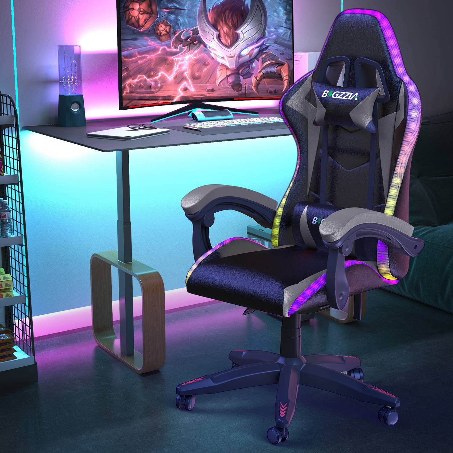 Ergonomic Gaming Chair with RGB LED Lights, Reclining, Headrest and Lumbar Support Racing Style