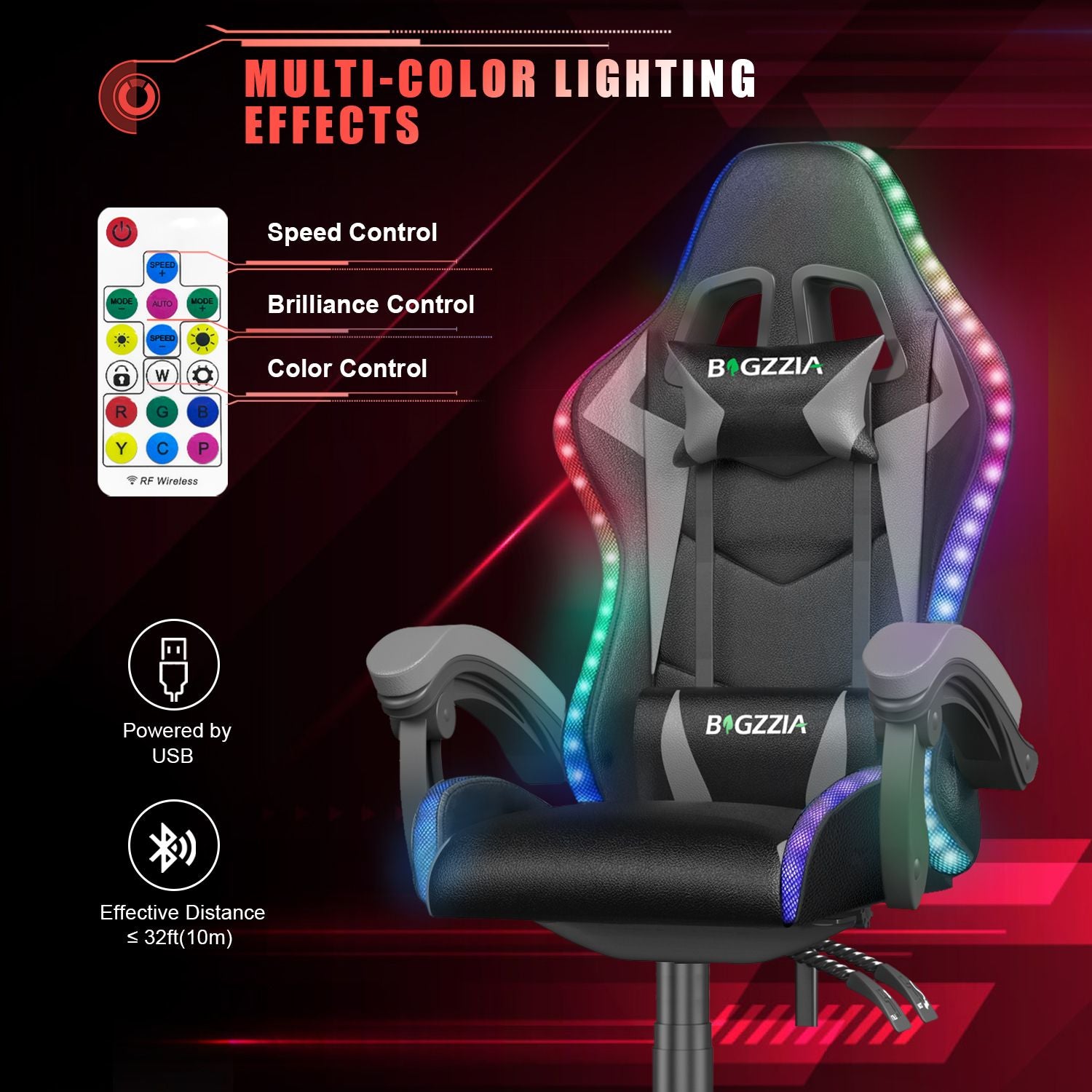 Ergonomic Gaming Chair with RGB LED Lights, Reclining, Headrest and Lumbar Support Racing Style
