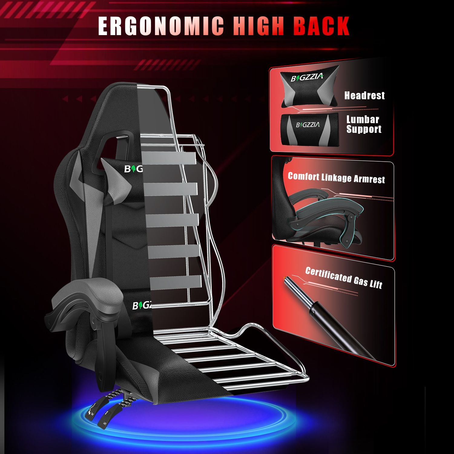 Ergonomic Gaming Chair with RGB LED Lights, Reclining, Headrest and Lumbar Support Racing Style