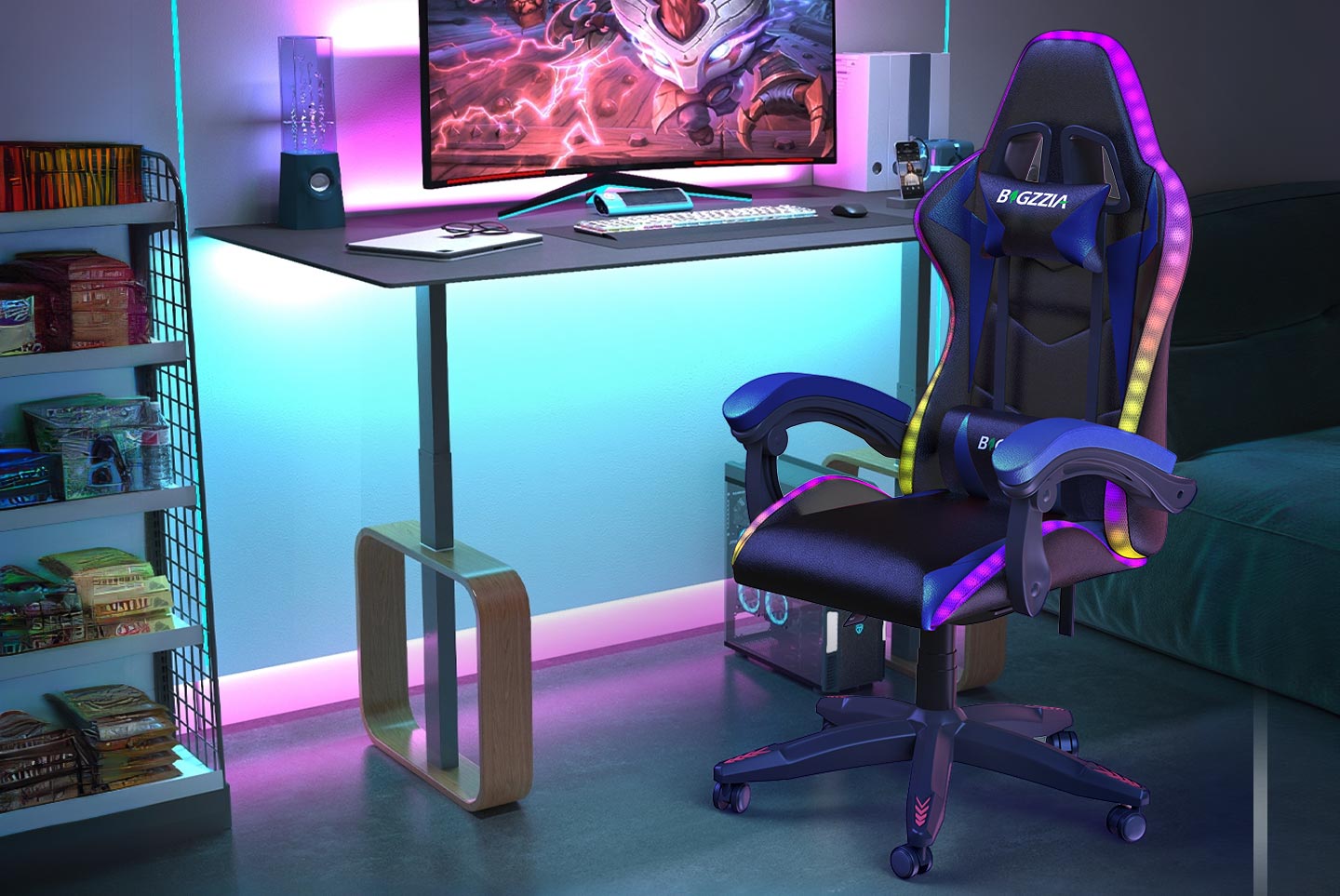 Ergonomic Gaming Chair with RGB LED Lights, Reclining, Headrest and Lumbar Support Racing Style