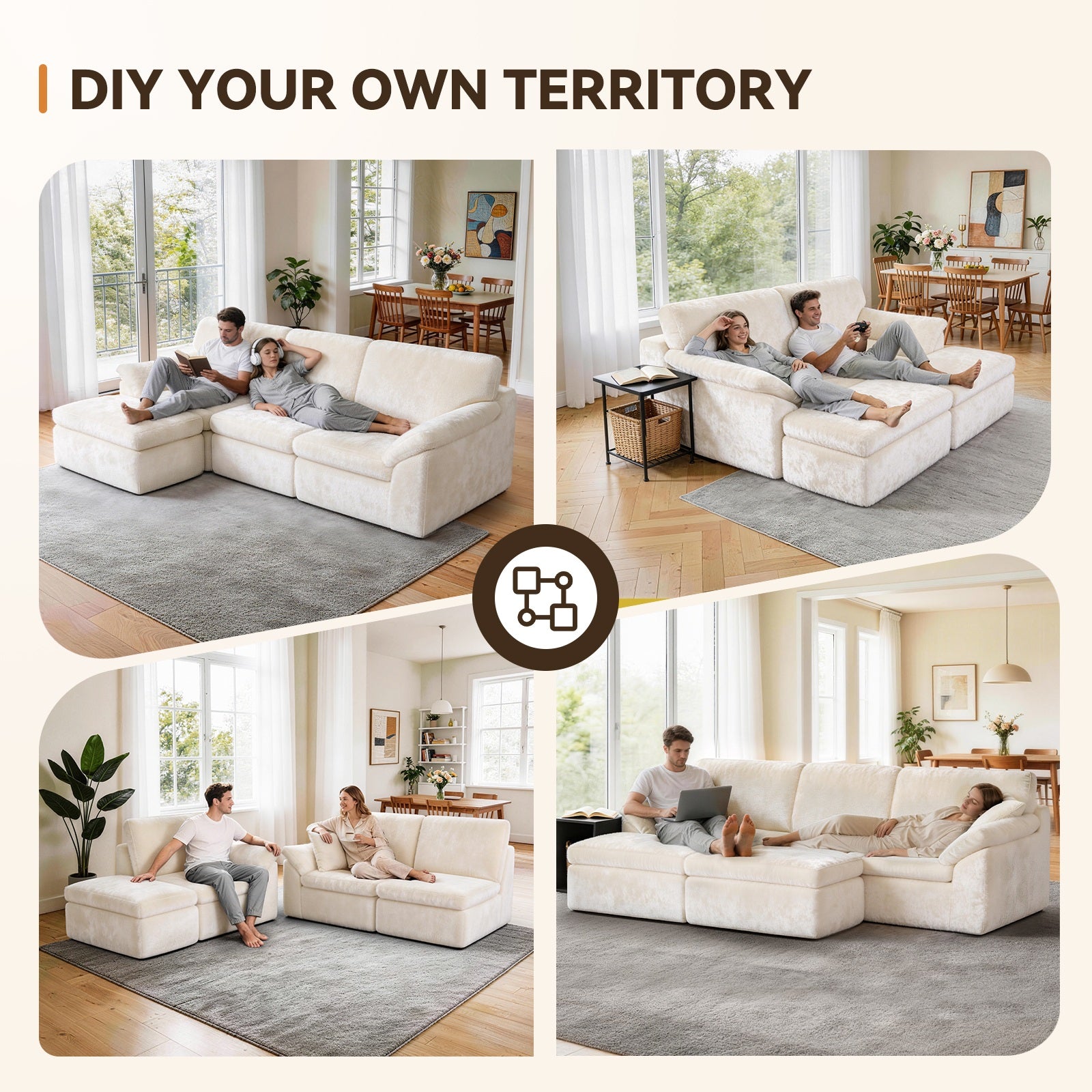 5 Seats U-shaped Sectional Sofa Boneless Couch Cloud Comfy Modular Sofa, Free Combination