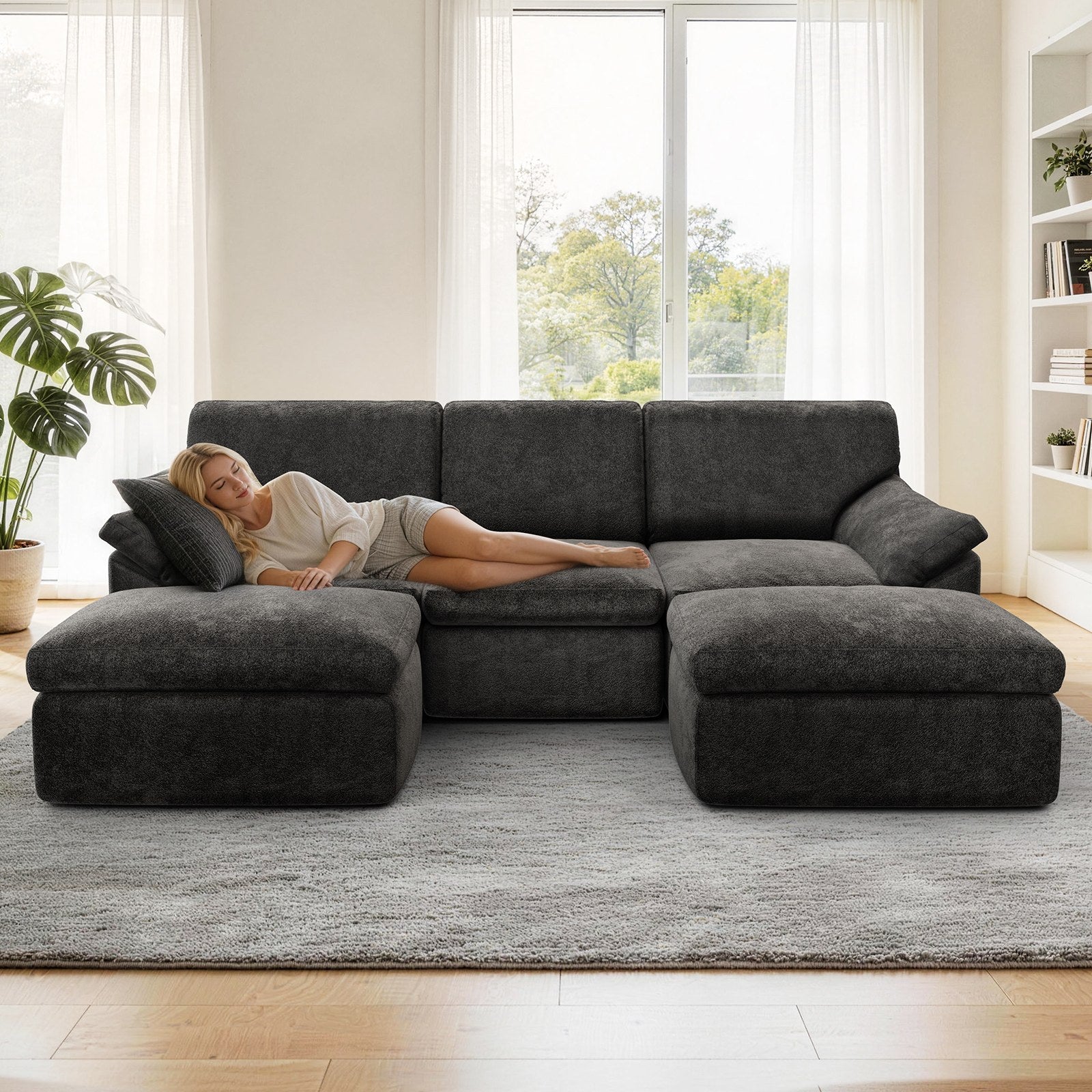 5 Seats U-shaped Sectional Sofa Boneless Couch Cloud Comfy Modular Sofa, Free Combination