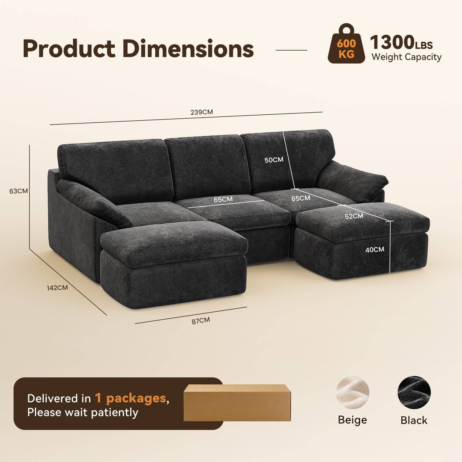 5 Seats U-shaped Sectional Sofa Boneless Couch Cloud Comfy Modular Sofa, Free Combination