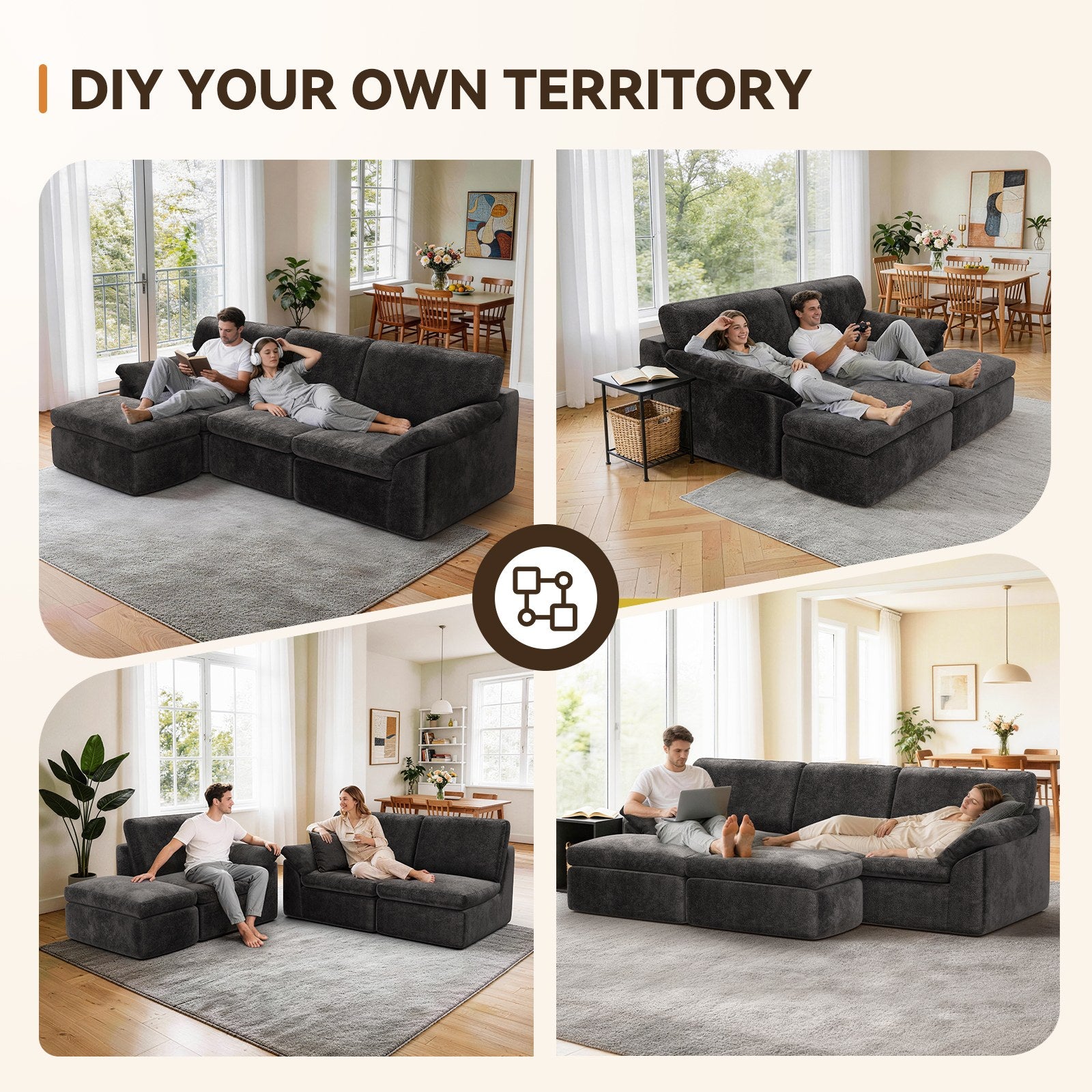 5 Seats U-shaped Sectional Sofa Boneless Couch Cloud Comfy Modular Sofa, Free Combination