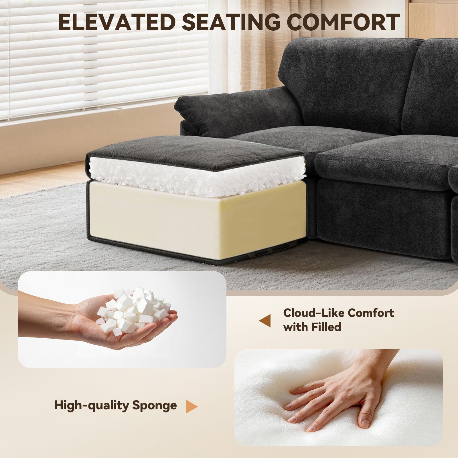5 Seats U-shaped Sectional Sofa Boneless Couch Cloud Comfy Modular Sofa, Free Combination