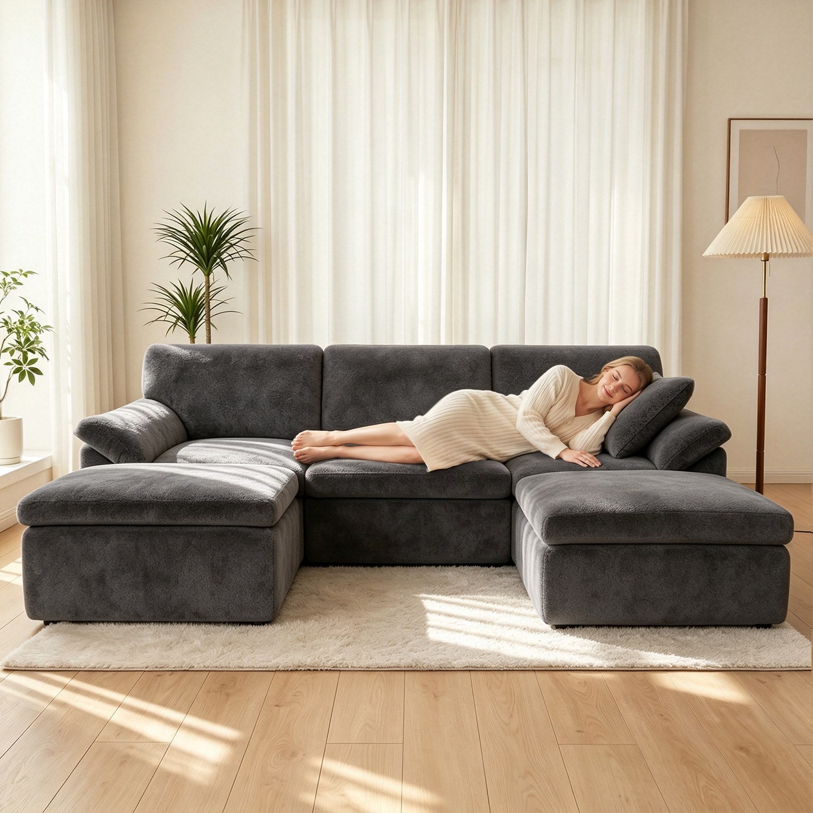5 Seats U-shaped Sectional Sofa Boneless Couch Cloud Comfy Modular Sofa, Free Combination