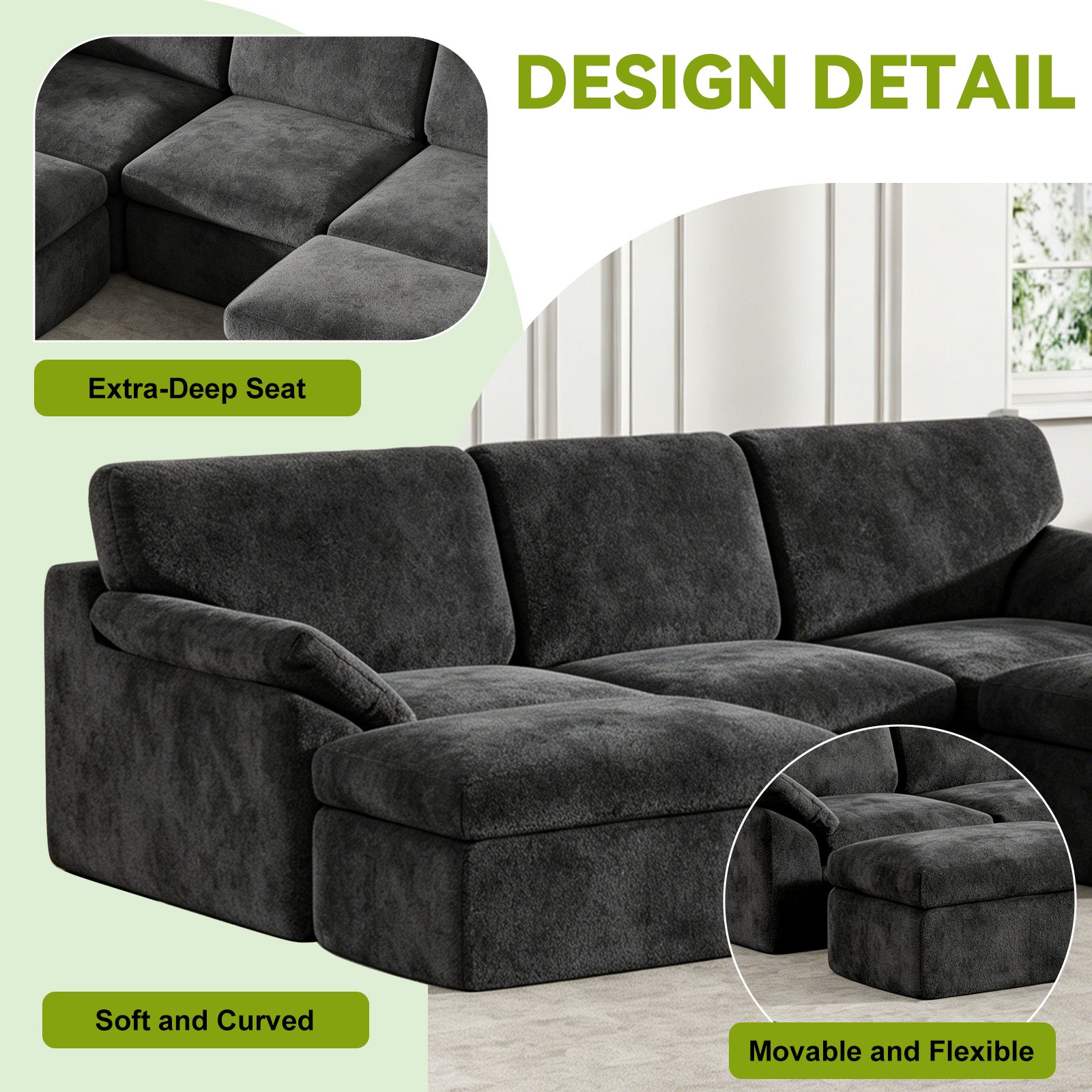 5 Seats U-shaped Sectional Sofa Boneless Couch Cloud Comfy Modular Sofa, Free Combination