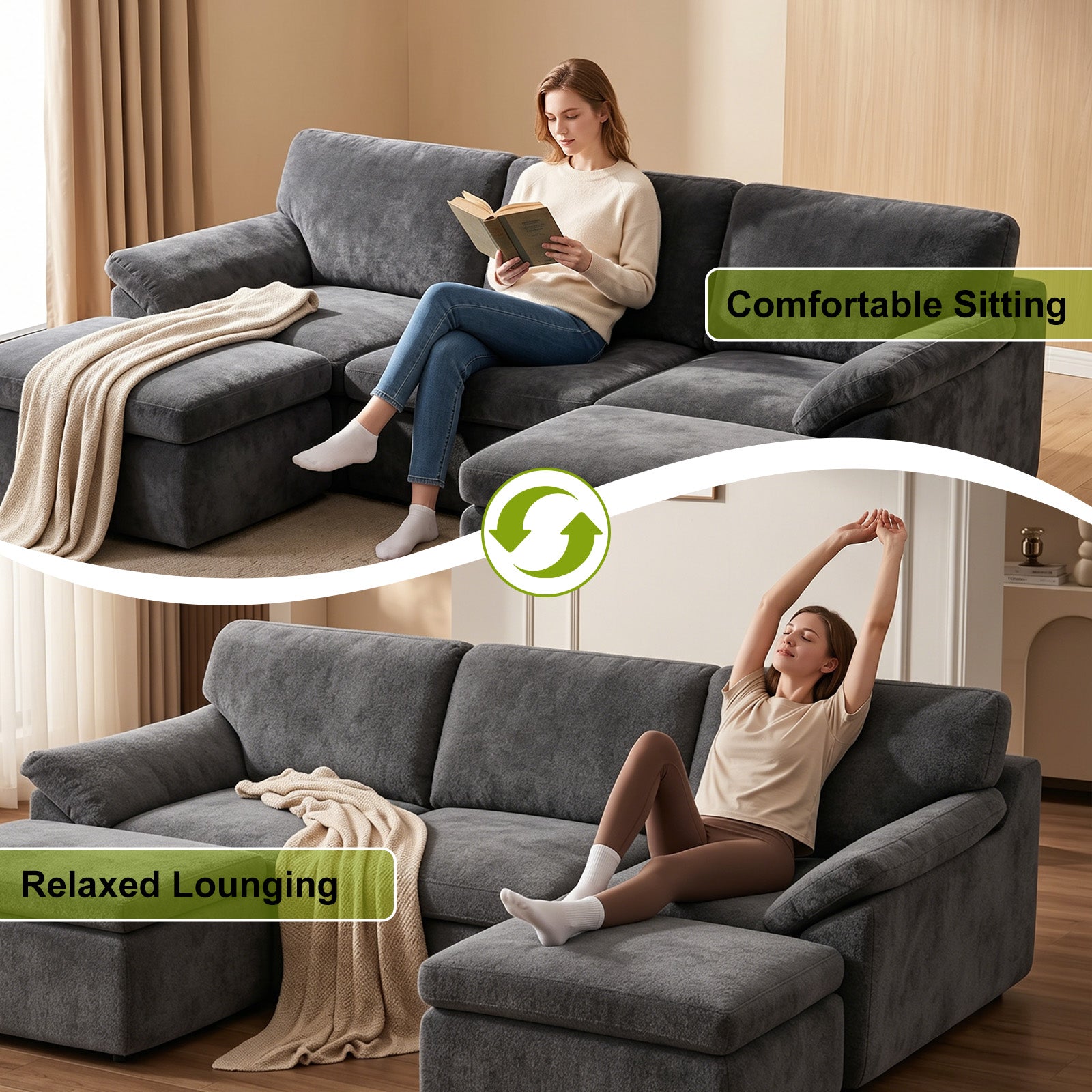 5 Seats U-shaped Sectional Sofa Boneless Couch Cloud Comfy Modular Sofa, Free Combination