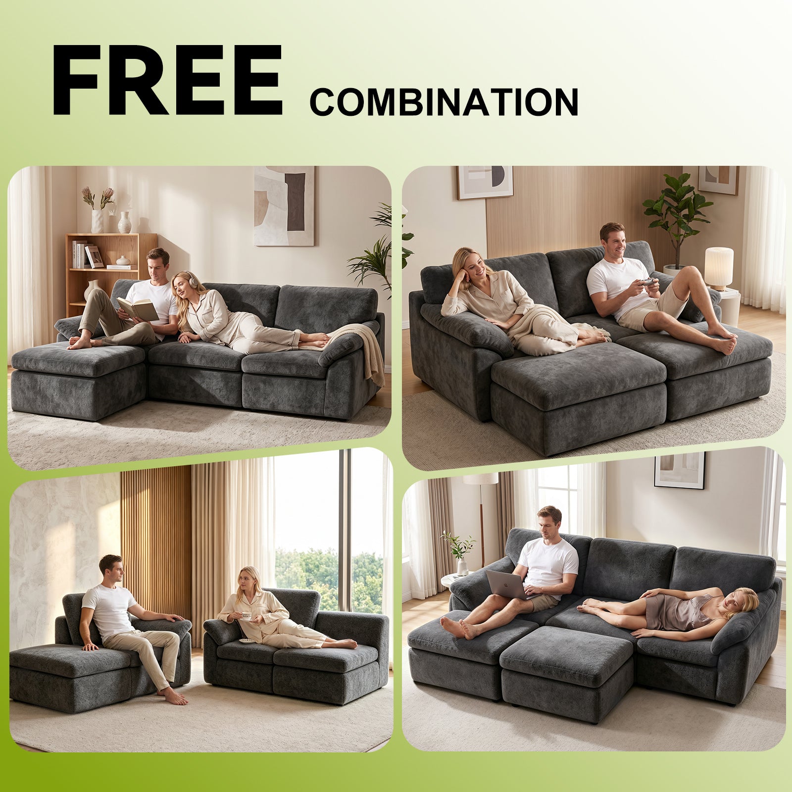5 Seats U-shaped Sectional Sofa Boneless Couch Cloud Comfy Modular Sofa, Free Combination