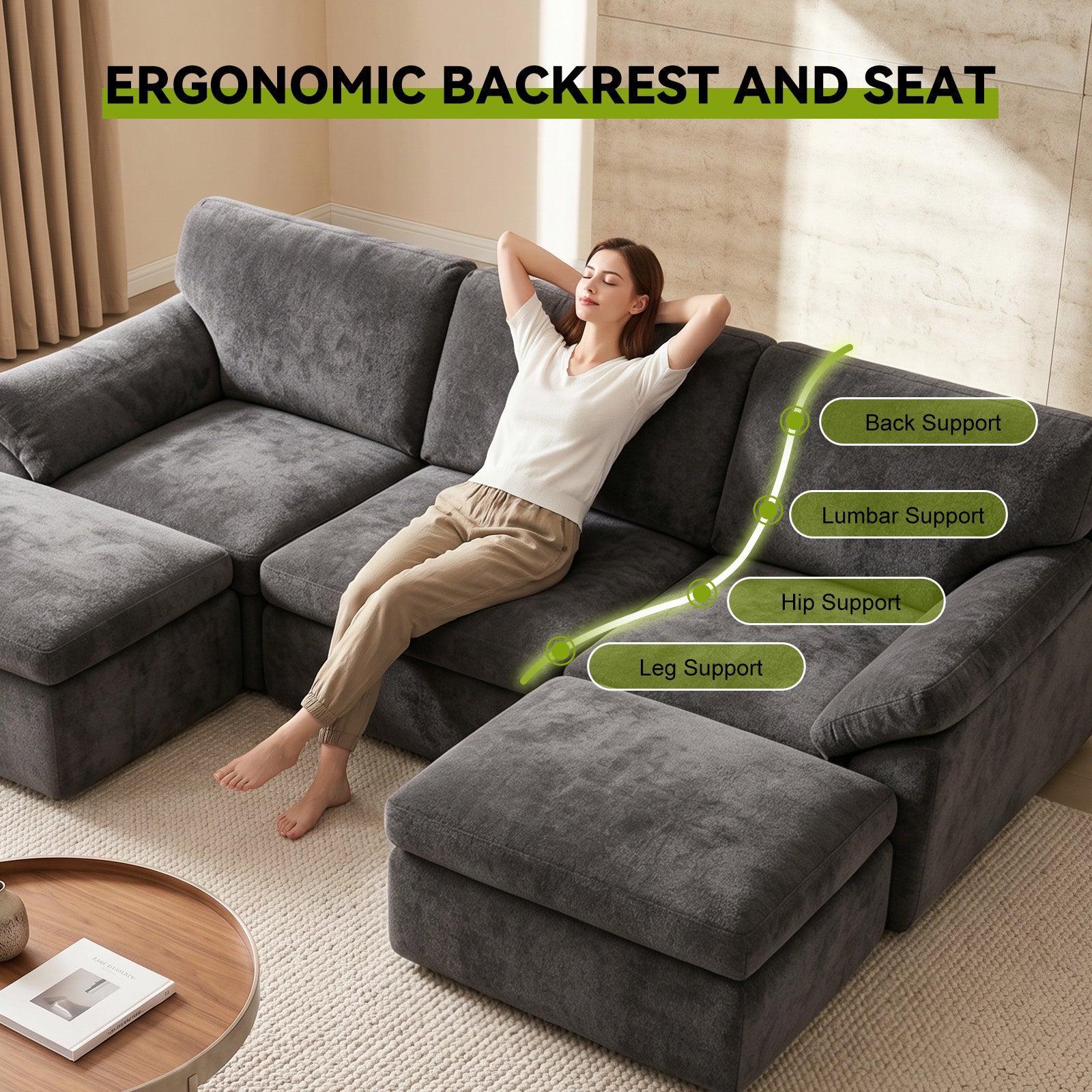 5 Seats U-shaped Sectional Sofa Boneless Couch Cloud Comfy Modular Sofa, Free Combination