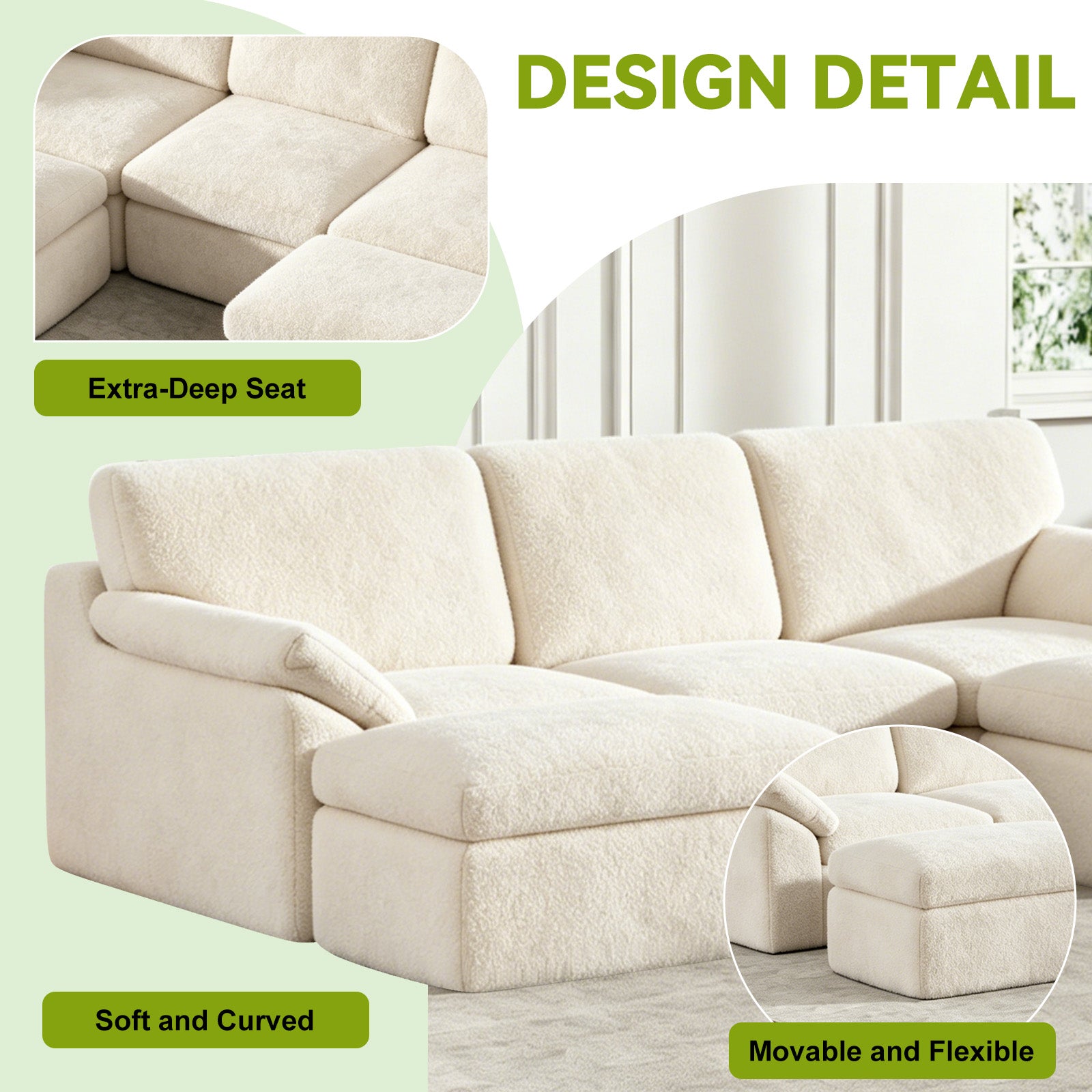 5 Seats U-shaped Sectional Sofa Boneless Couch Cloud Comfy Modular Sofa, Free Combination