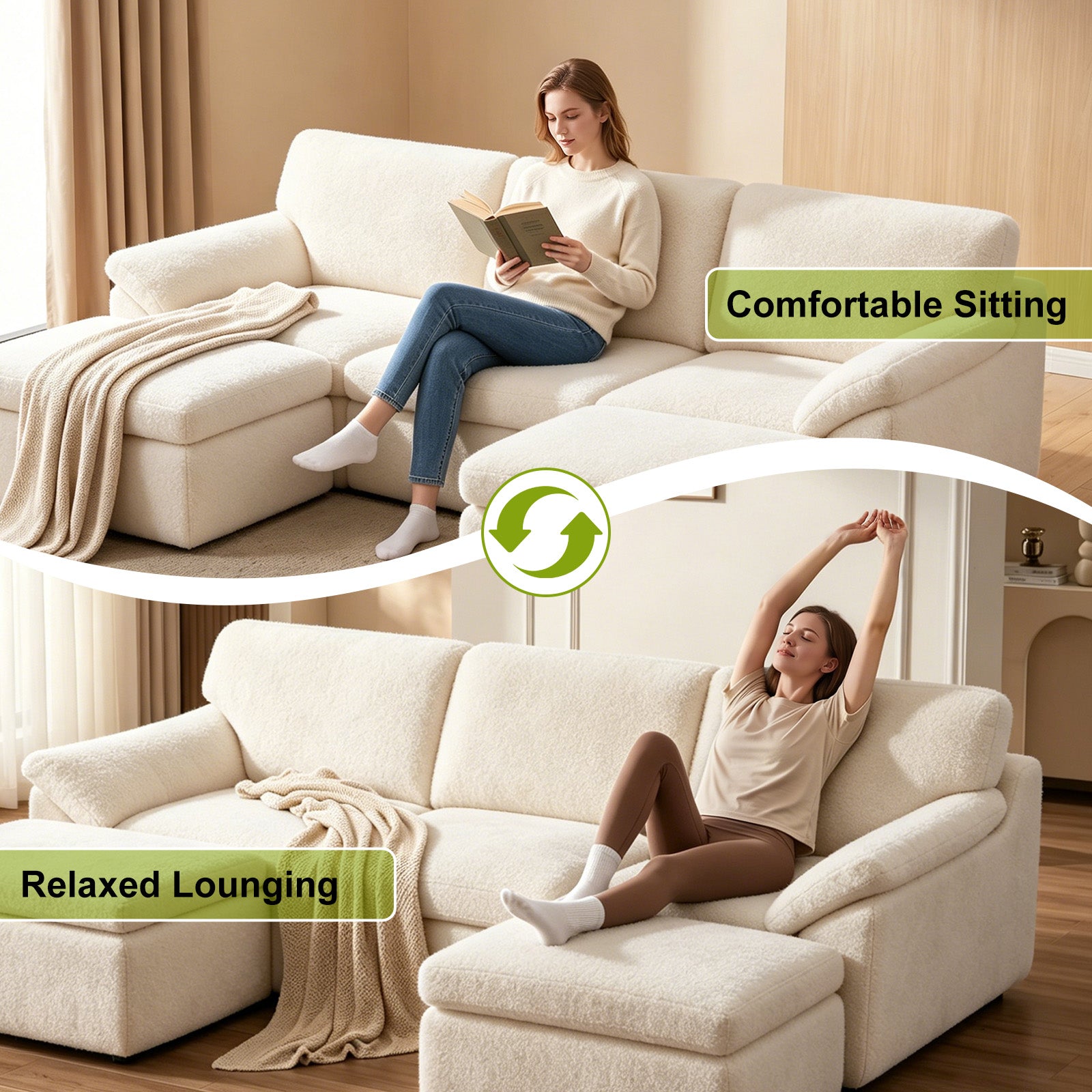 5 Seats U-shaped Sectional Sofa Boneless Couch Cloud Comfy Modular Sofa, Free Combination
