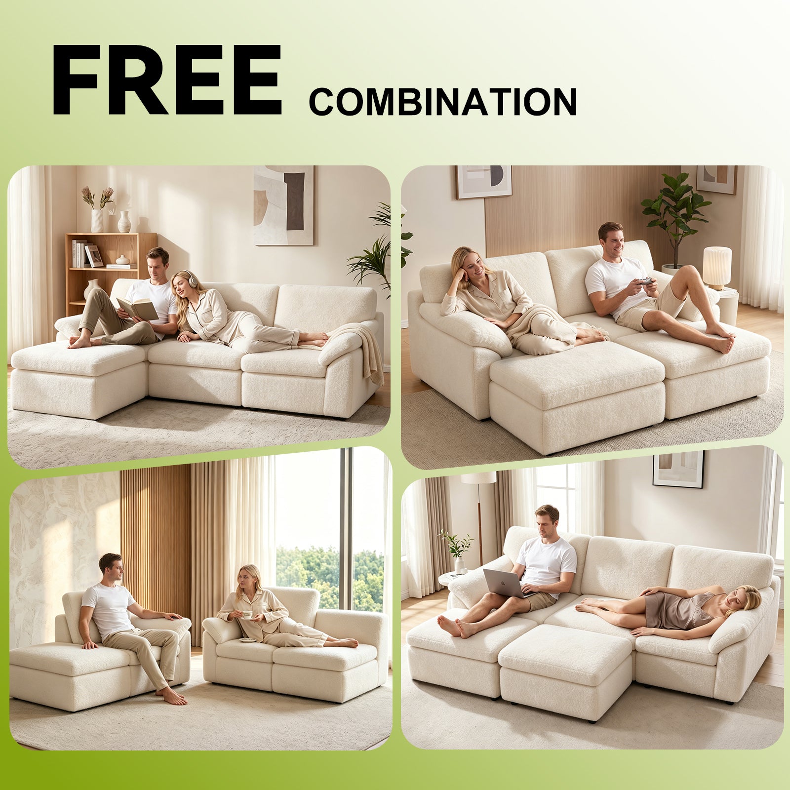 5 Seats U-shaped Sectional Sofa Boneless Couch Cloud Comfy Modular Sofa, Free Combination